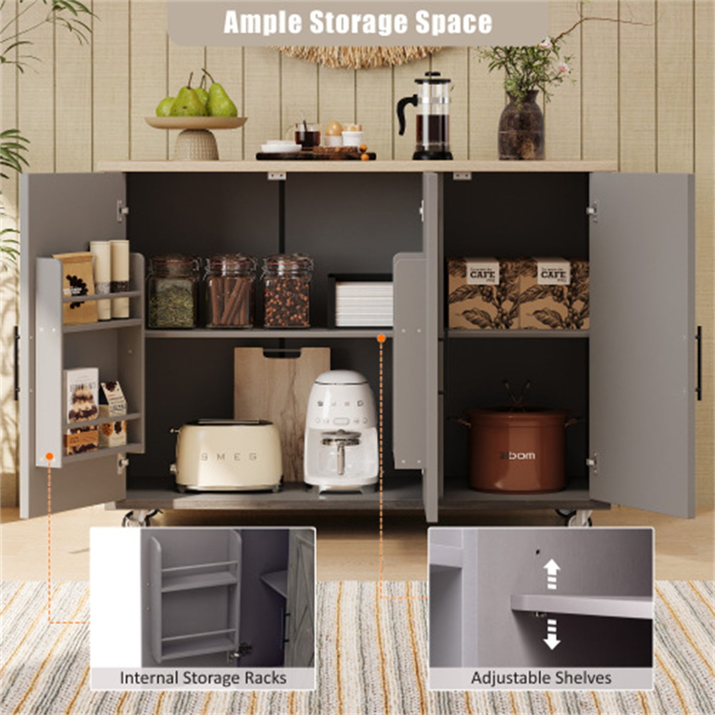 "LunaLulinlk 51.2""W Geometric Twill Stripe Textured Design Kitchen Island with Drop Leaf, Farmhouse Kitchen Island, Brown "