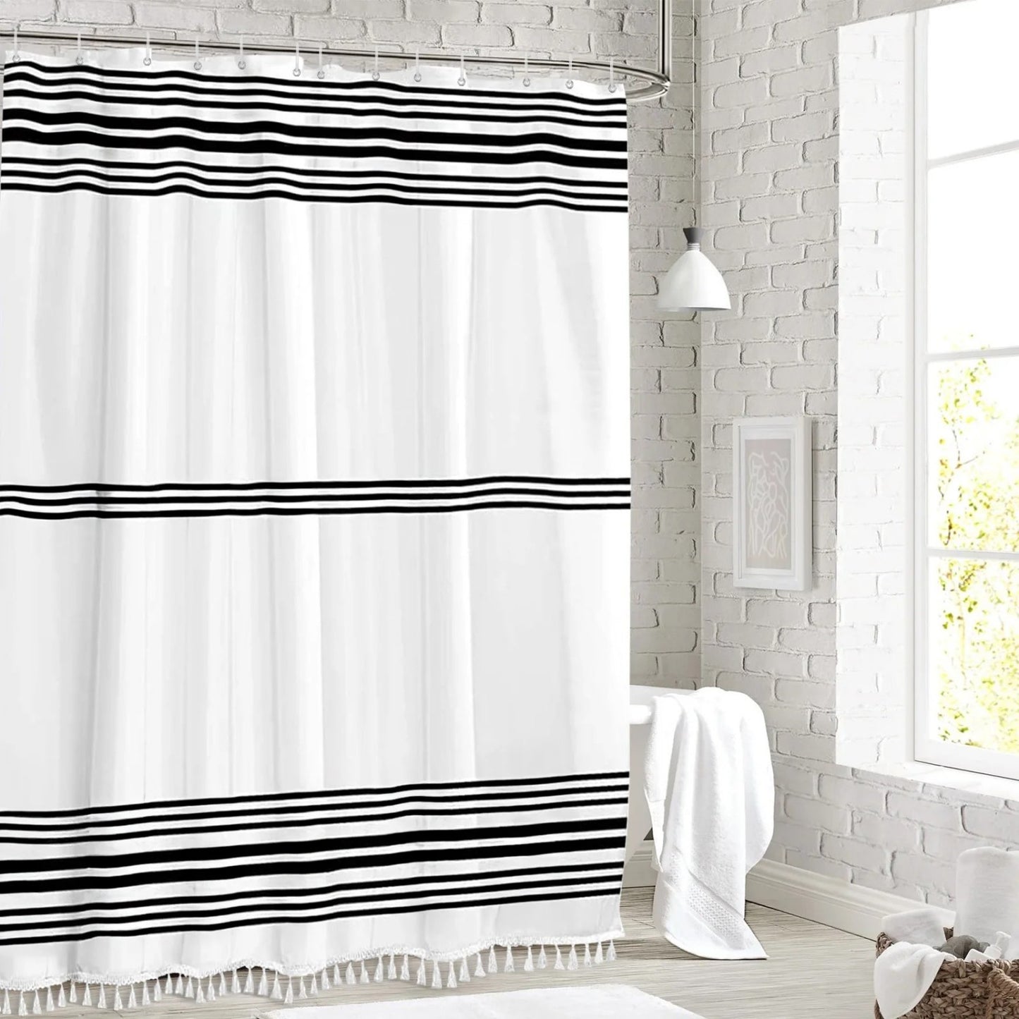 LunaLulinlk Shower Curtain Striped with Tassel Modern Bathroom Curtains