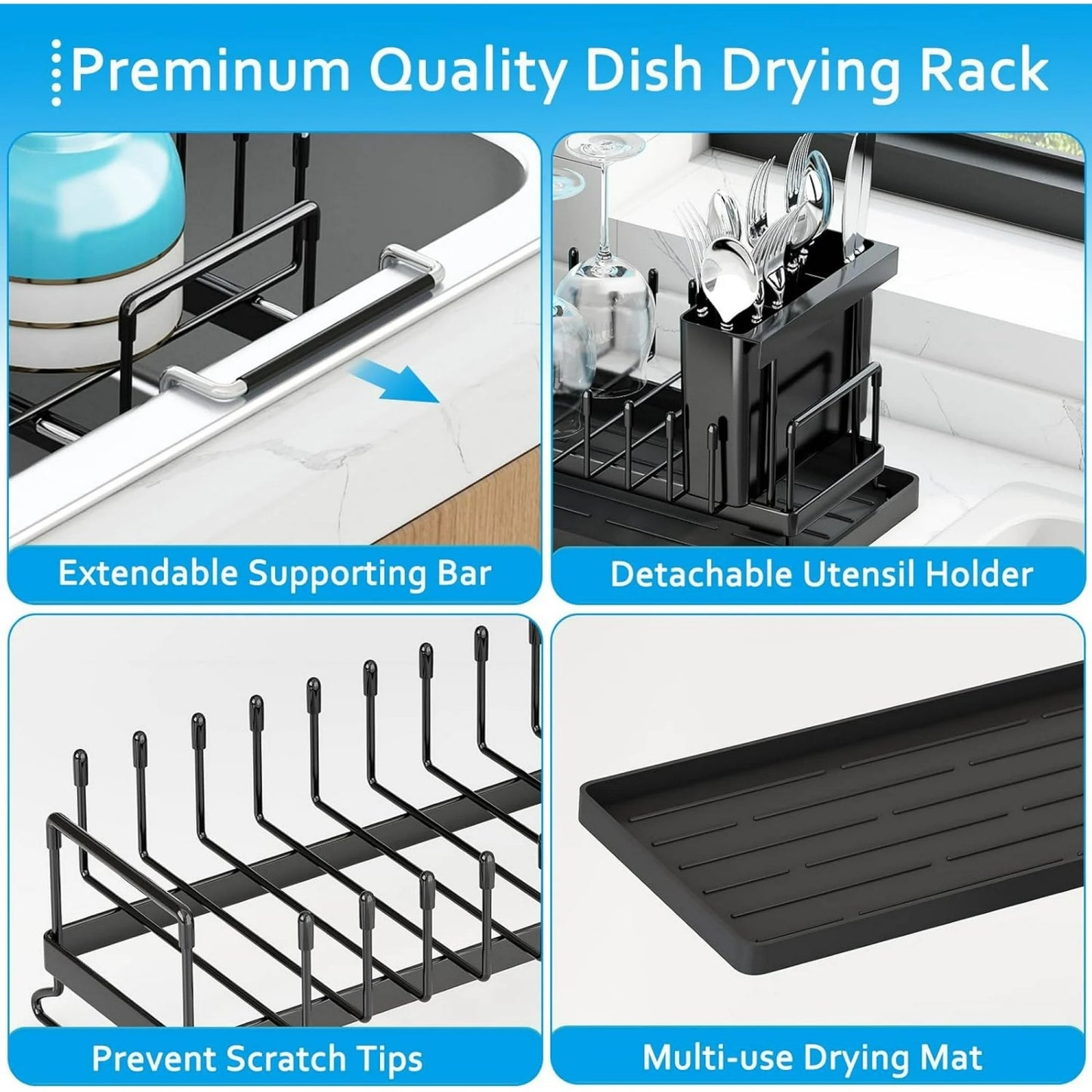 LunaLulinlk Sink Dish Drying Rack, Expandable Small Dish Rack Over Sink with Silicone Drying Tray, Black