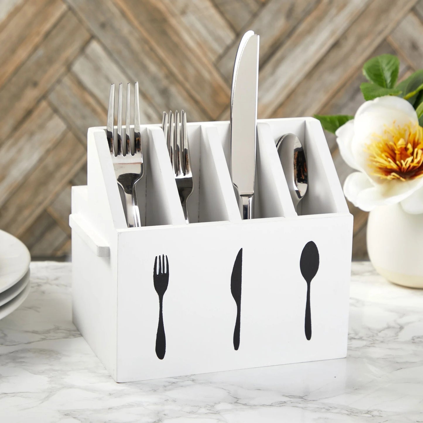 LunaLulinlk Small Wooden Utensil Holder with 5 Slots for Fork, Knife, and Spoons, Silverware Holder, Kitchen Organization (White, 7x5.25x6.5 in)