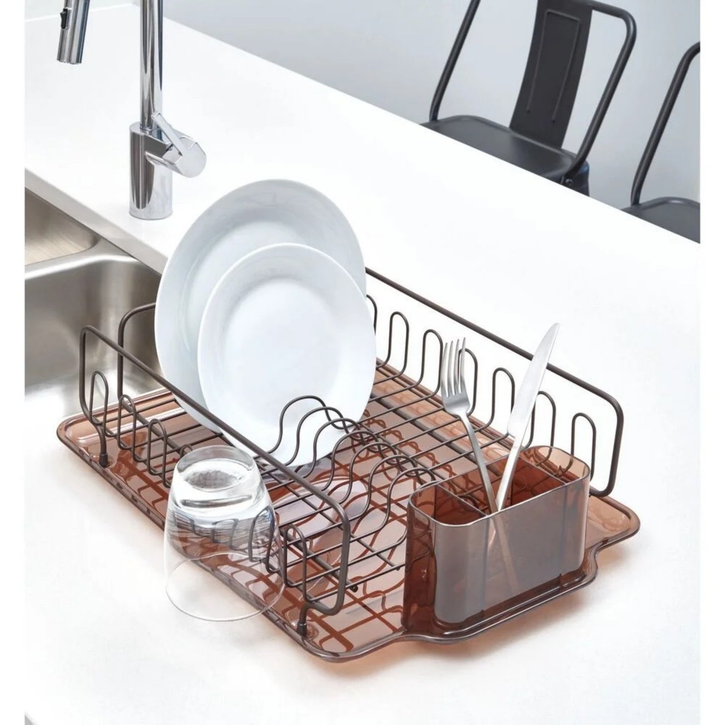 LunaLulinlk Stainless Steel Metal Sink Dish Drainer Rack with Plastic Tray Kitchen Drying Rack, Amber/Bronze