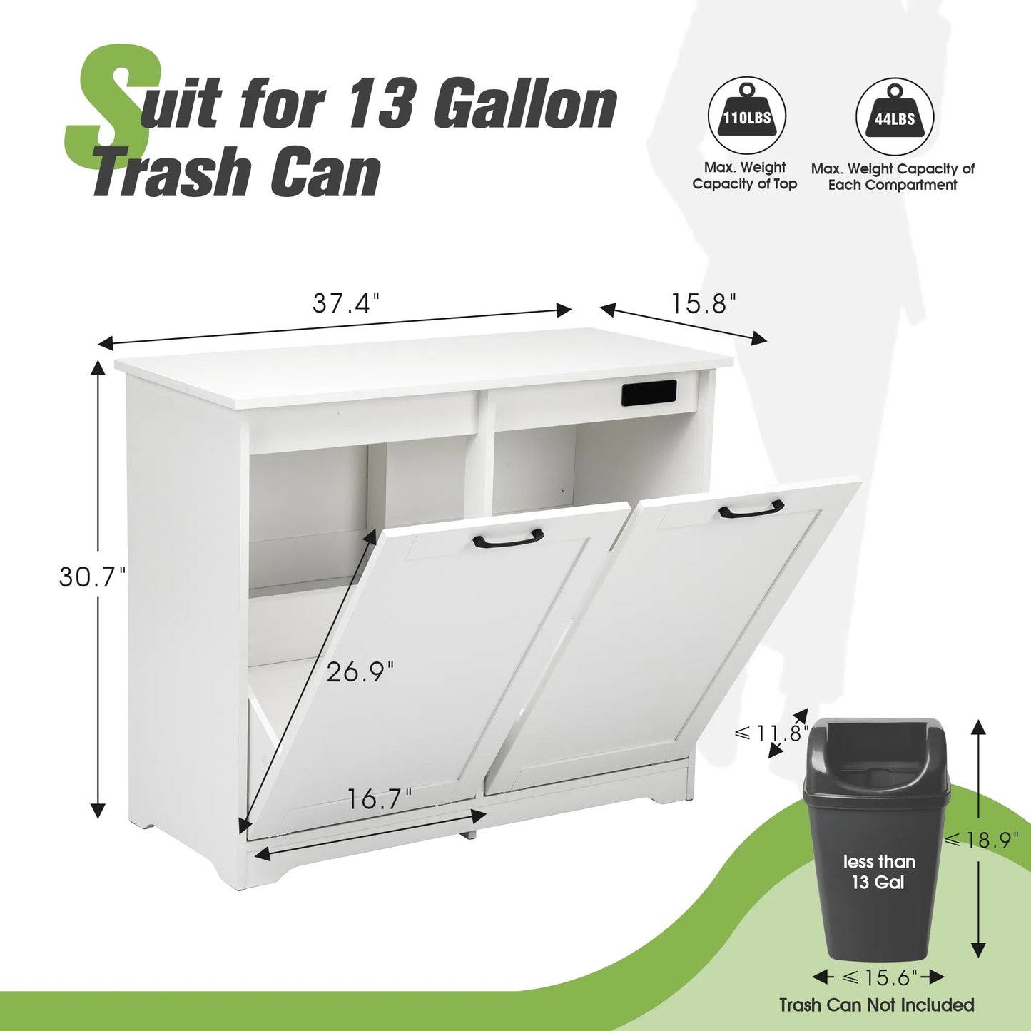 LunaLulink 13 Gallon Kitchen Trash Can, Laundry Hamper Cabinet with Handles and Deodorizer Device, White