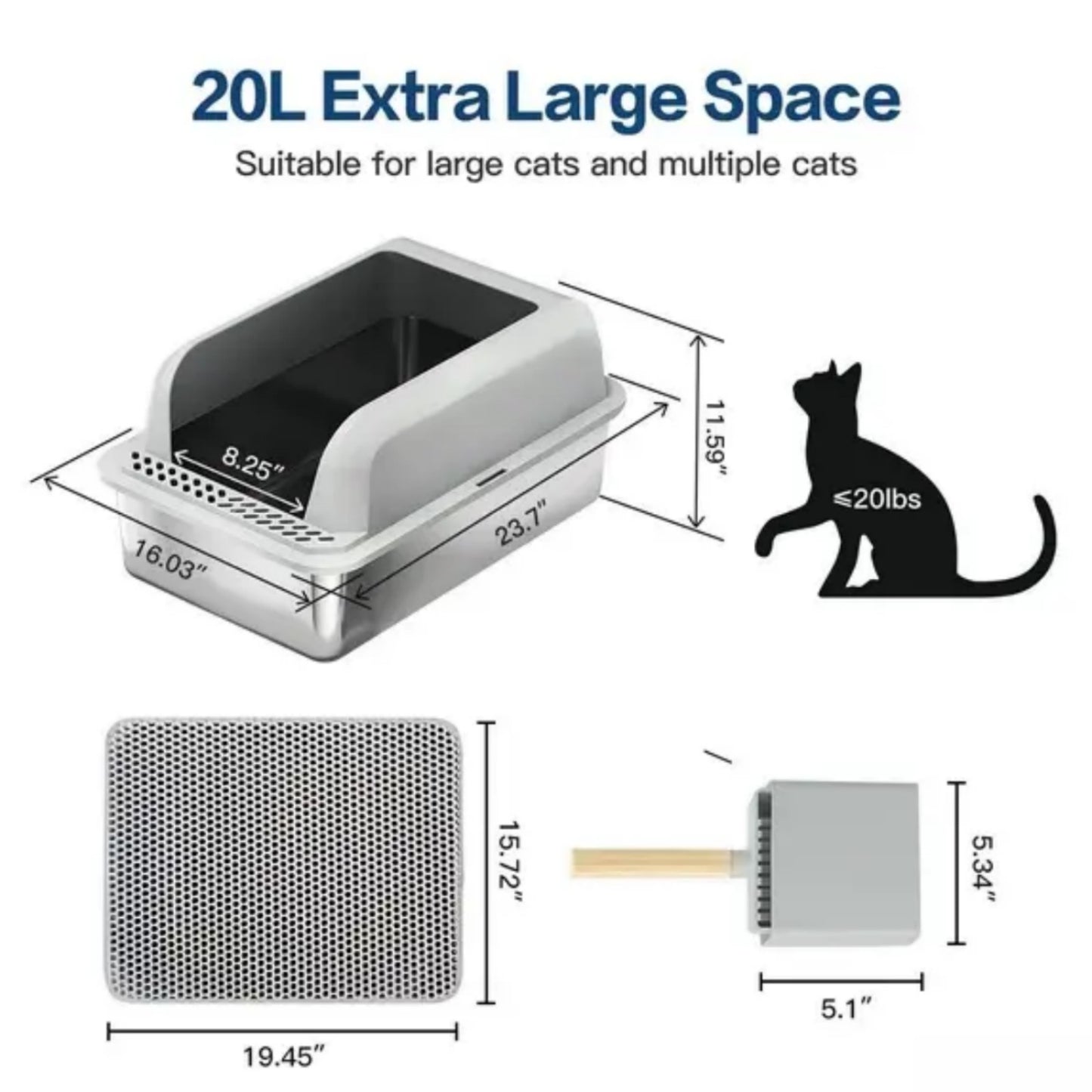 LunaLulinlk Stainless steel cat litter box with lid, suitable for large cats, with litter mat and litter scoop