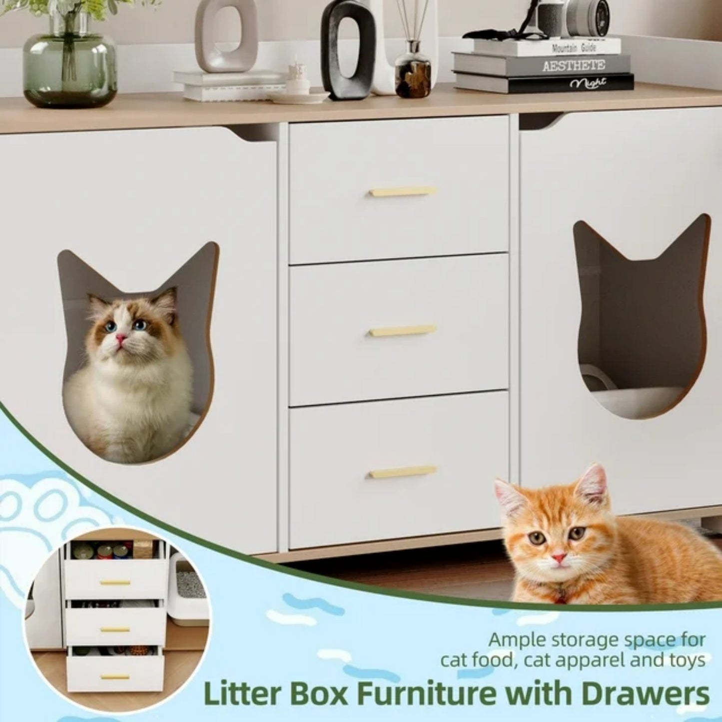 LunaLulinlk White cat litter box furniture with 2 compartments, wooden cat litter box cabinet with drawers