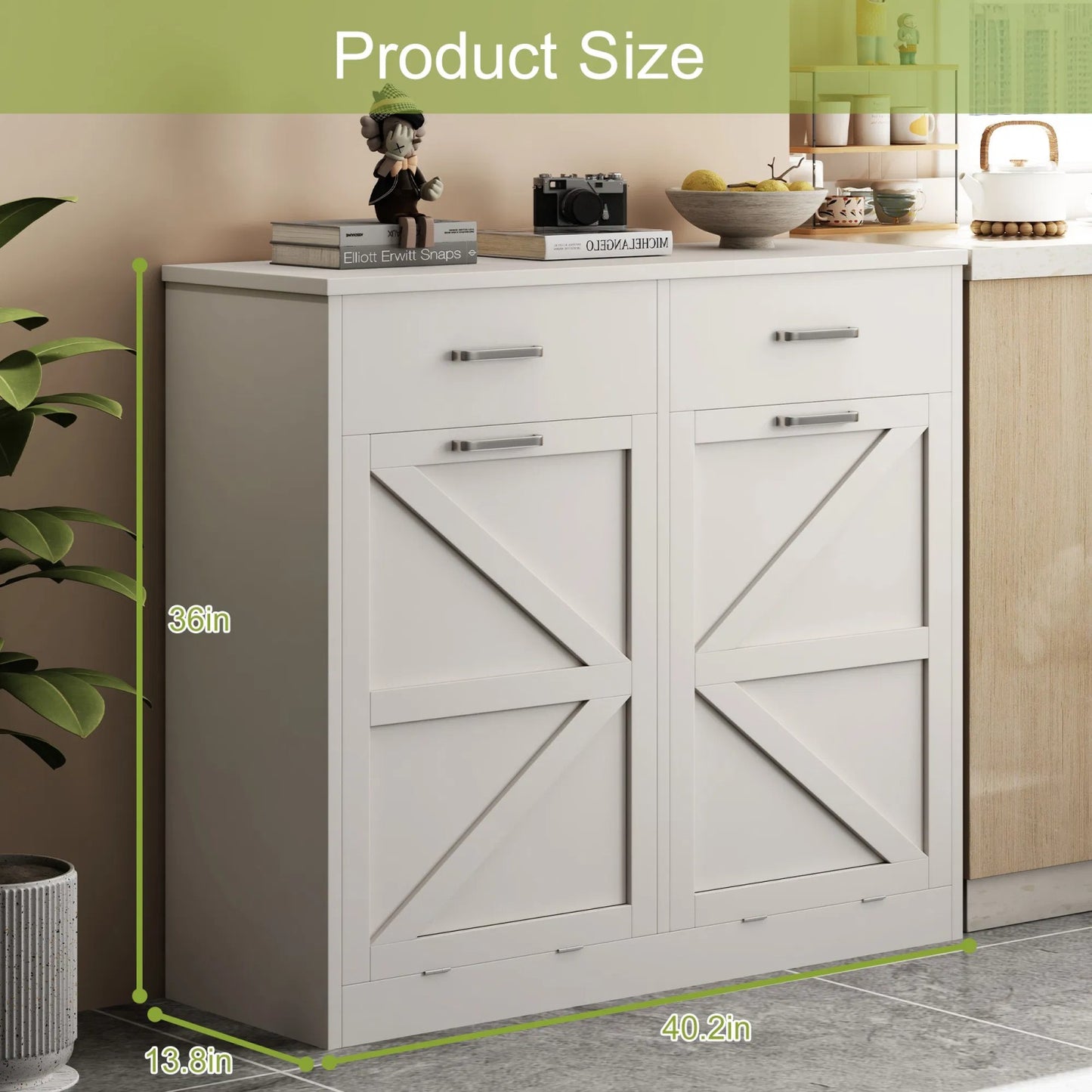 LunaLulinlk White Tilt and Pull Trash Can Cabinet with 2 Drawers, Deodorized, Holds 2x10 Gallons of Trash