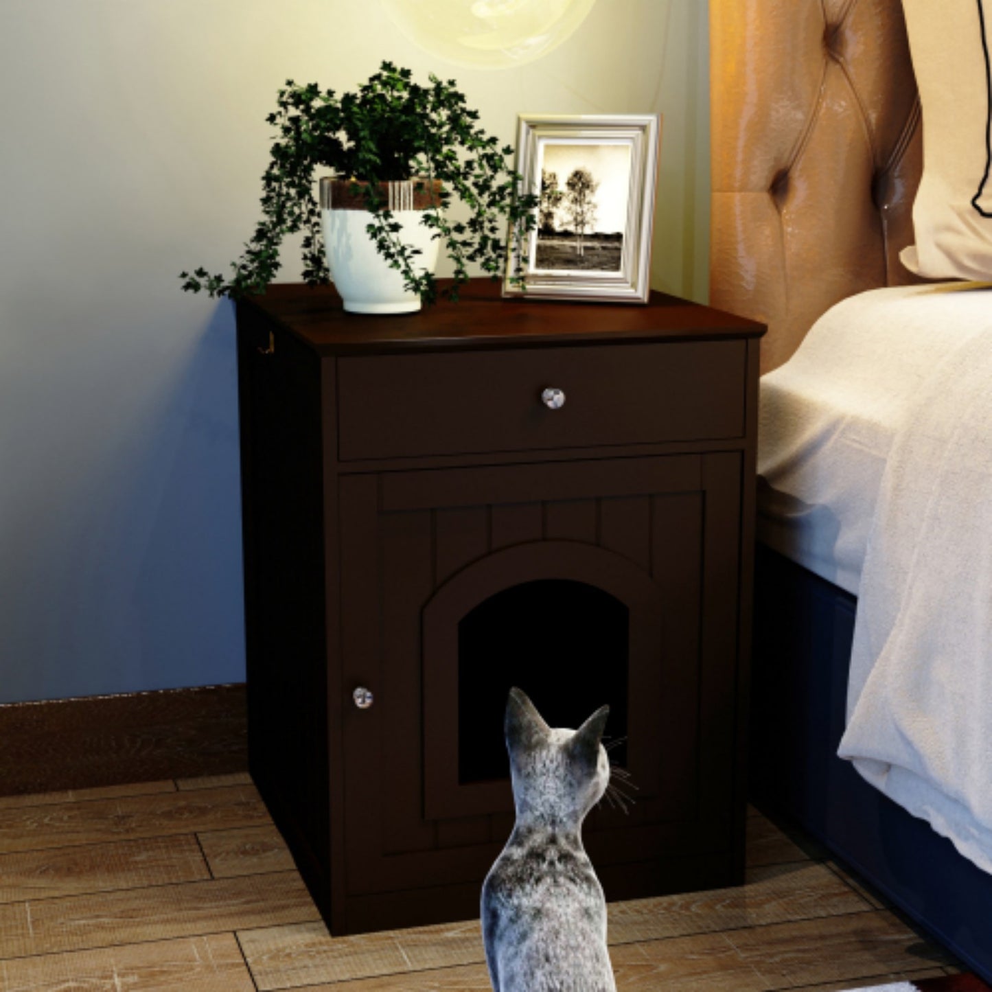 LunaLulinlk Wooden pet house cat litter box fence with drawer and side table