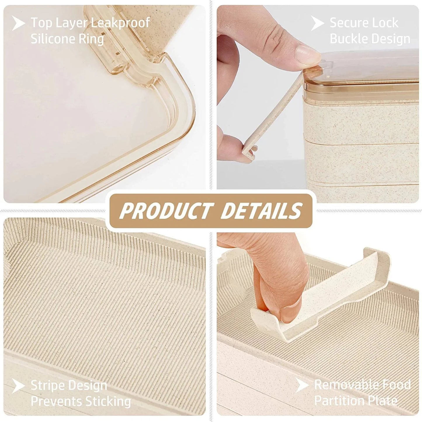 LunaLulinlk Three-layer lunch box bento box with spoon and fork, leak-proof lunch box with bonus lunch bag (beige)
