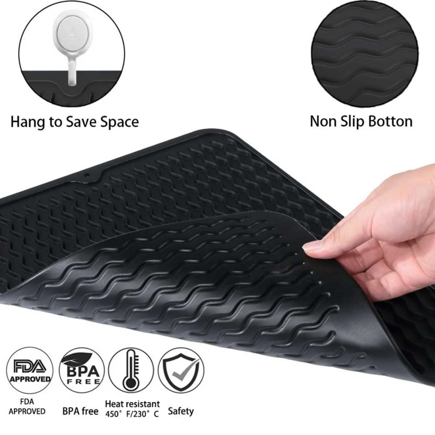LunaLulinlk Silicone Dish Drying Mat Easy Clean Dishwasher,Non-Slip (M(16"×12"), Black)
