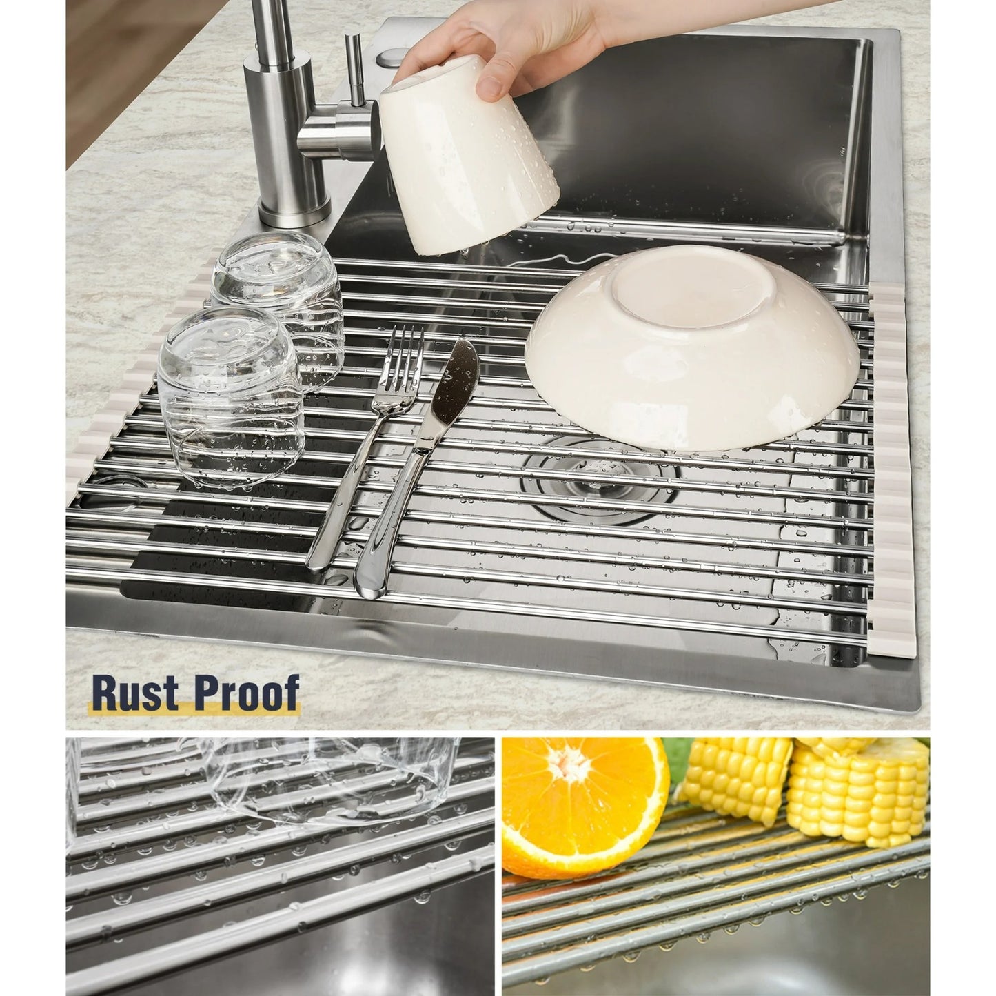 LunaLulinlk Stainless Steel Roll-Up Dish Drying Rack Marble Color Silicone Edges, Foldable Kitchen Rack Heat Resistant Trivet (17.7"x12.5"),White