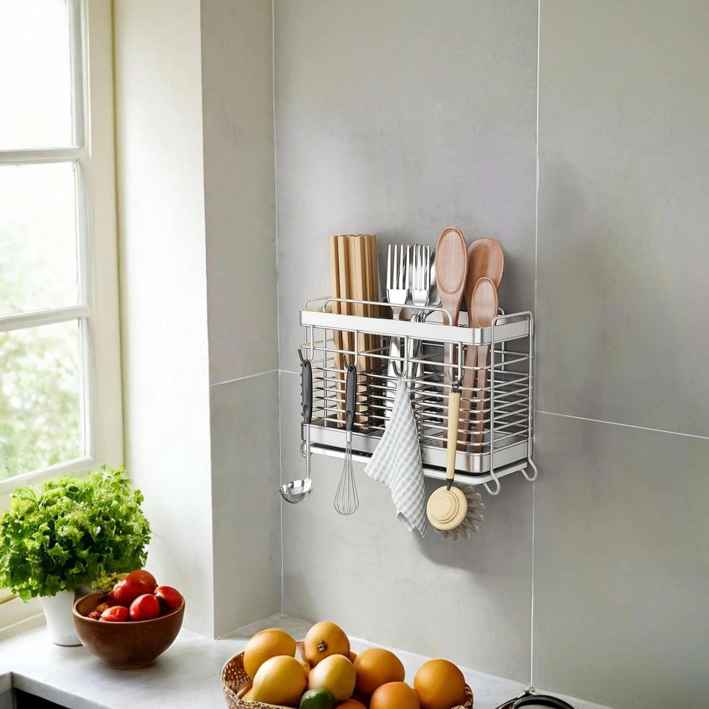 LunaLulinlk Utensil Holder for Kitchen Counter, Stainless Steel Utensil Drying Rack for Countertop with 3 Compartments, Drain Tray