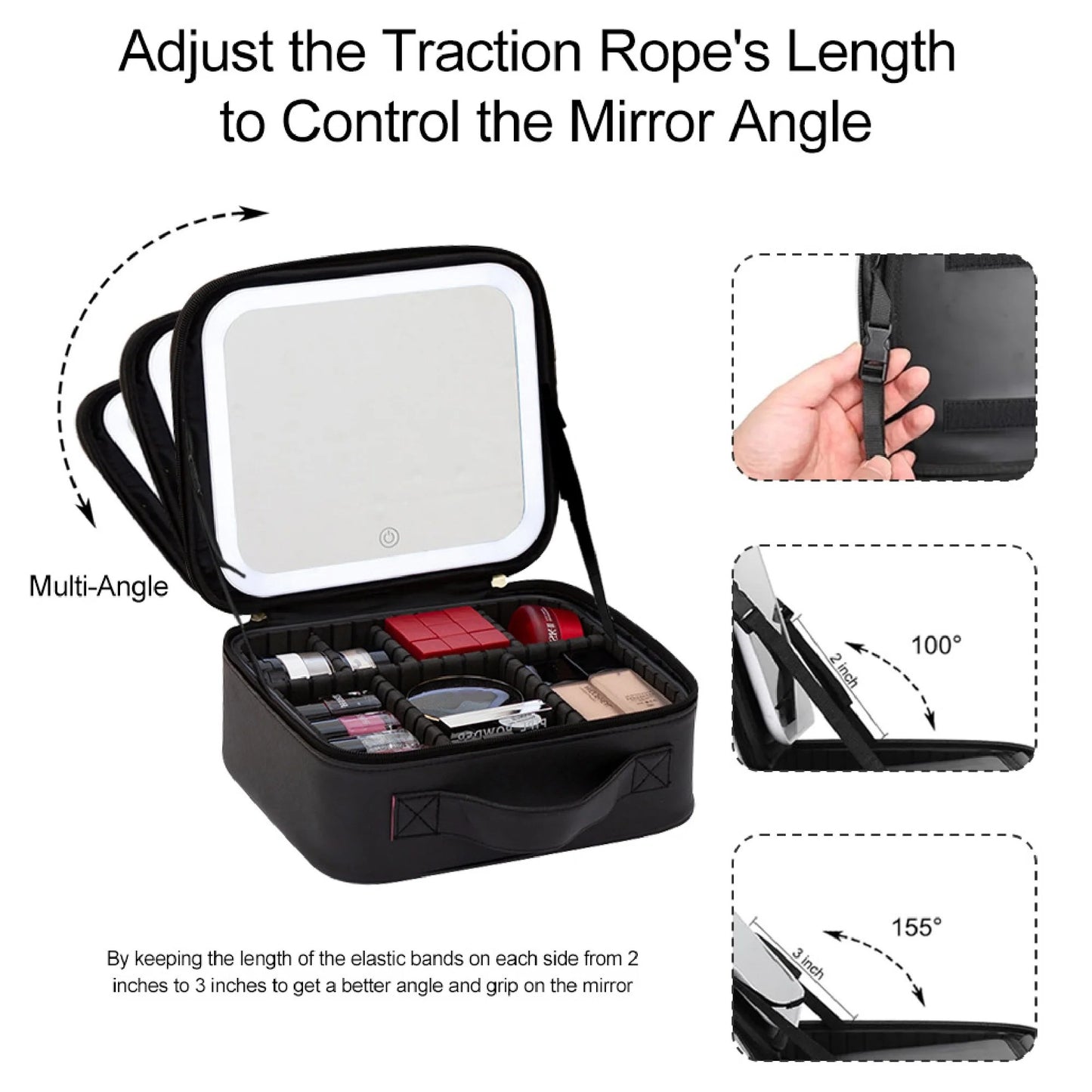 LunaLulinlk Makeup Bag, Travel Makeup Bag with LED Mirror, Portable Makeup Case with Adjustable Dividers, Black