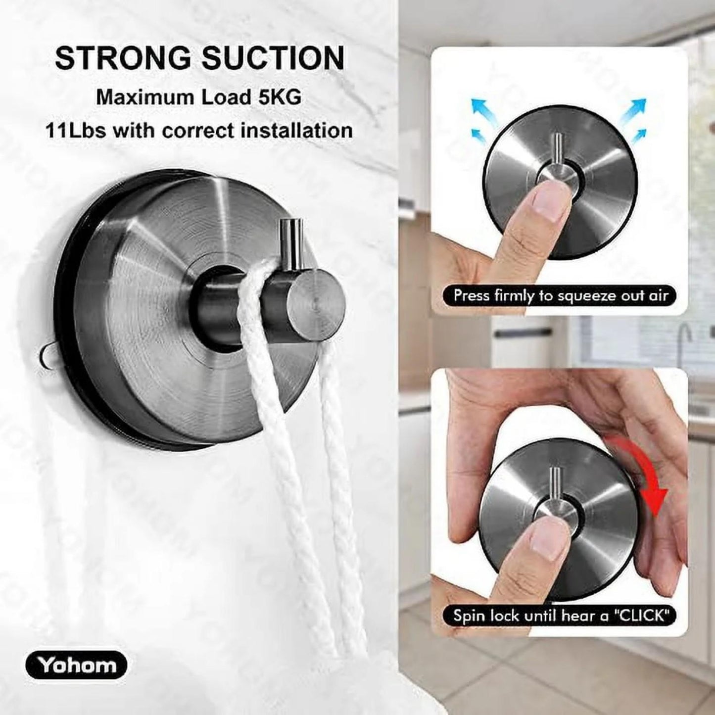 LunaLulinlk Suction Cup Hooks for Shower Stainless Steel Towel Holder Vacuu Wall Hooks Kitchen Organizer for Bathrobe Loofah 2Pcs,Brushed Black