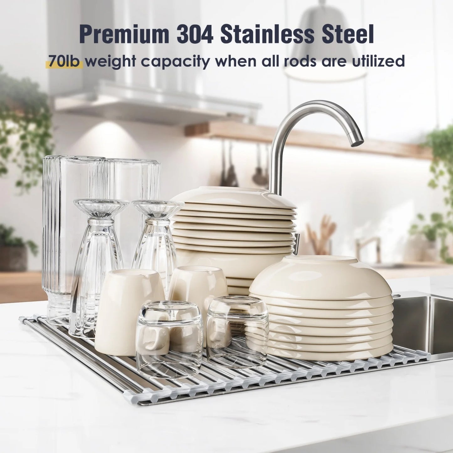 LunaLulinlk Stainless Steel Roll-Up Dish Drying Rack Marble Color Silicone Edges, Foldable Kitchen Rack Heat Resistant Trivet (17.7"x12.5"),Marble