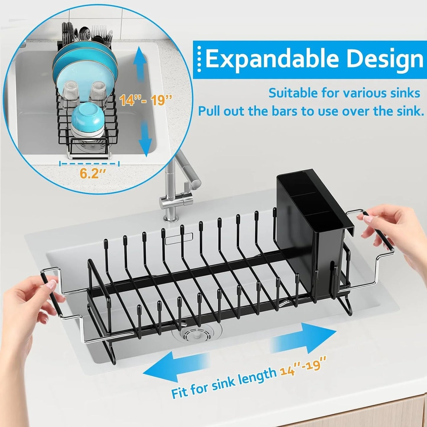 LunaLulinlk Sink Dish Drying Rack, Expandable Small Dish Rack Over Sink with Silicone Drying Tray, Black