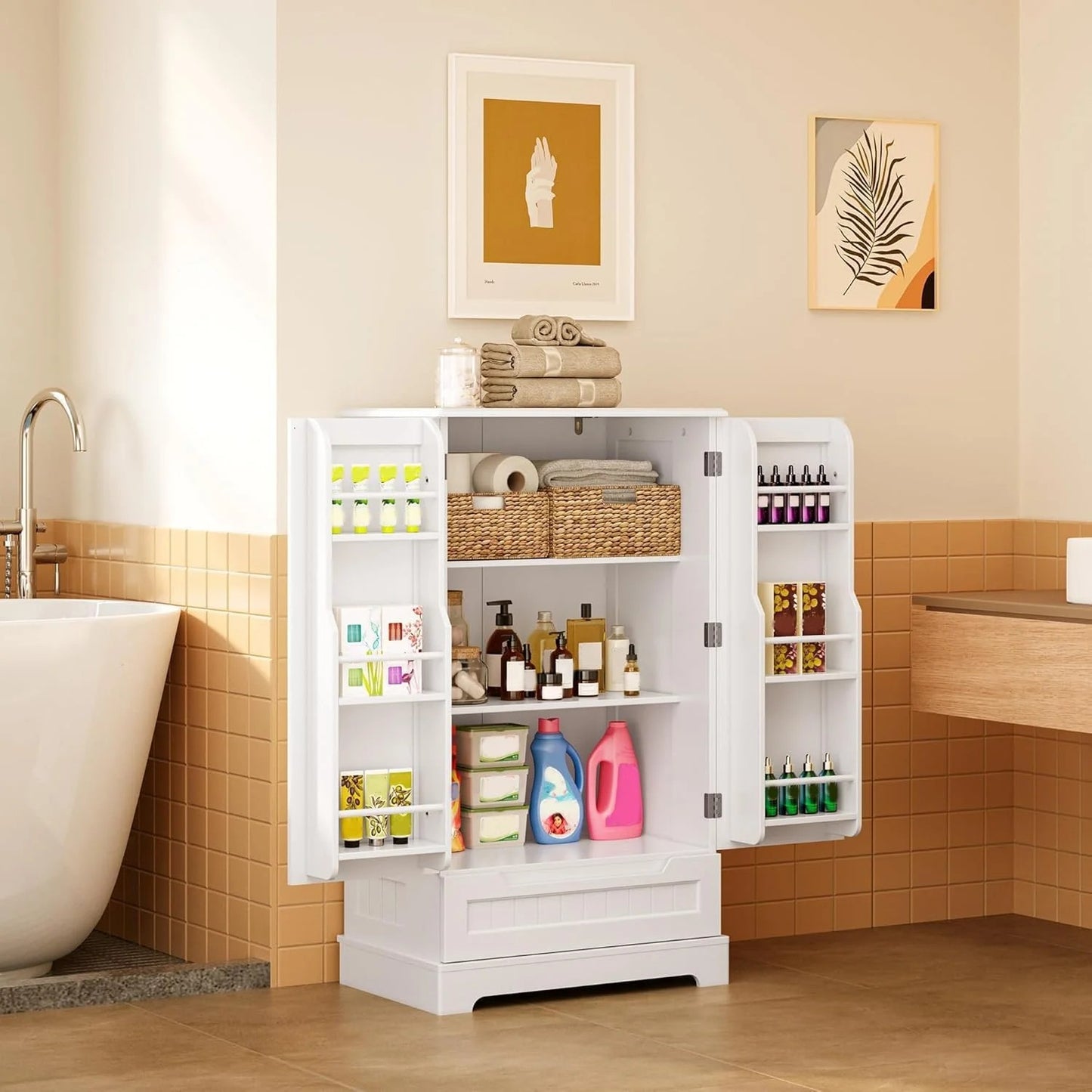 LunaLulinlk Small Kitchen Pantry Storage Cabinets with Doors and Shelves, 41'' Kitchen Pantry with Drawers for Dining Room and Living Room, White