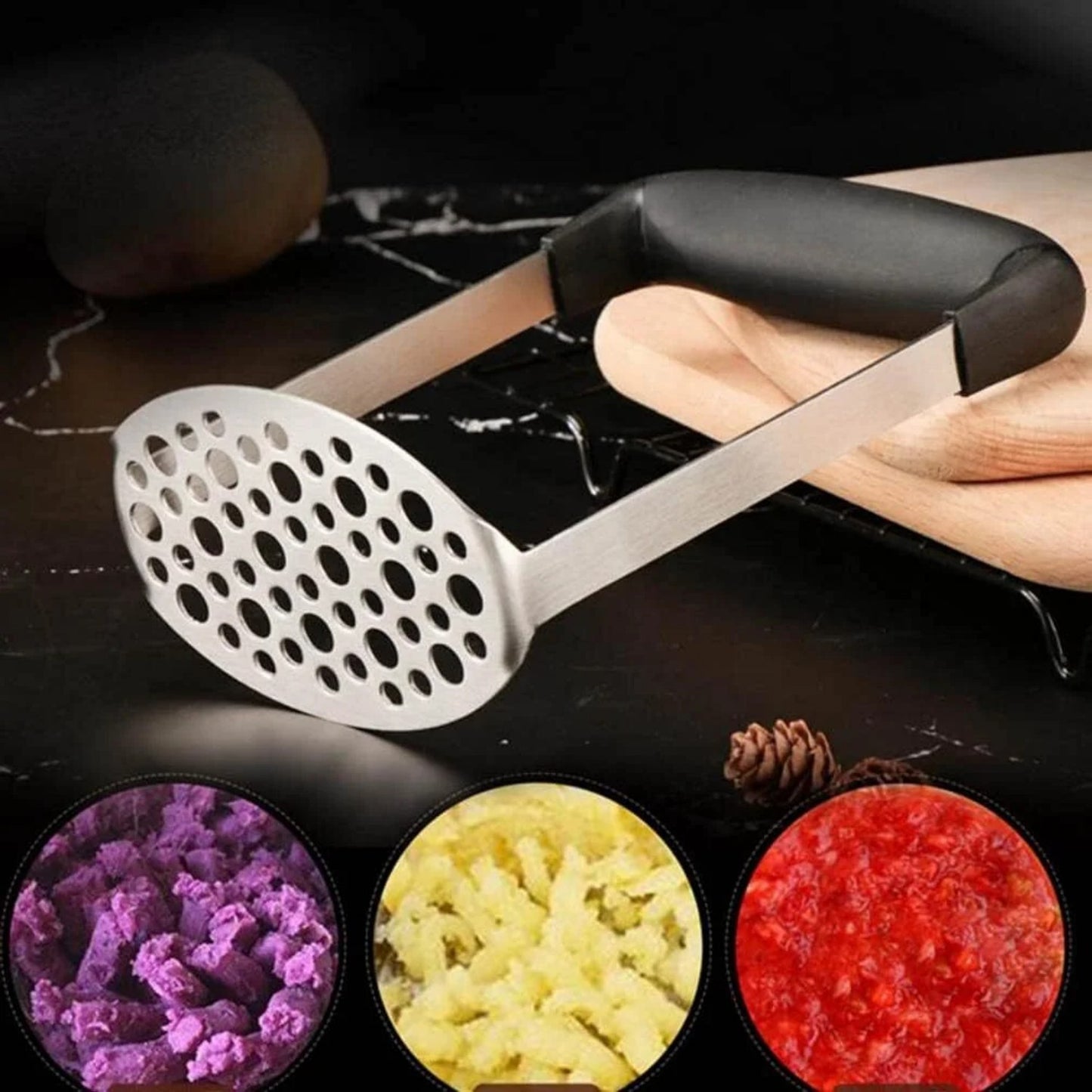LunaLulinlk Stainless Steel Masher, Broad and Ergonomic Horizontal, Fine Plate for Smooth Mashed Potatoes, Soft Grip and Non-Slip Handle, Black