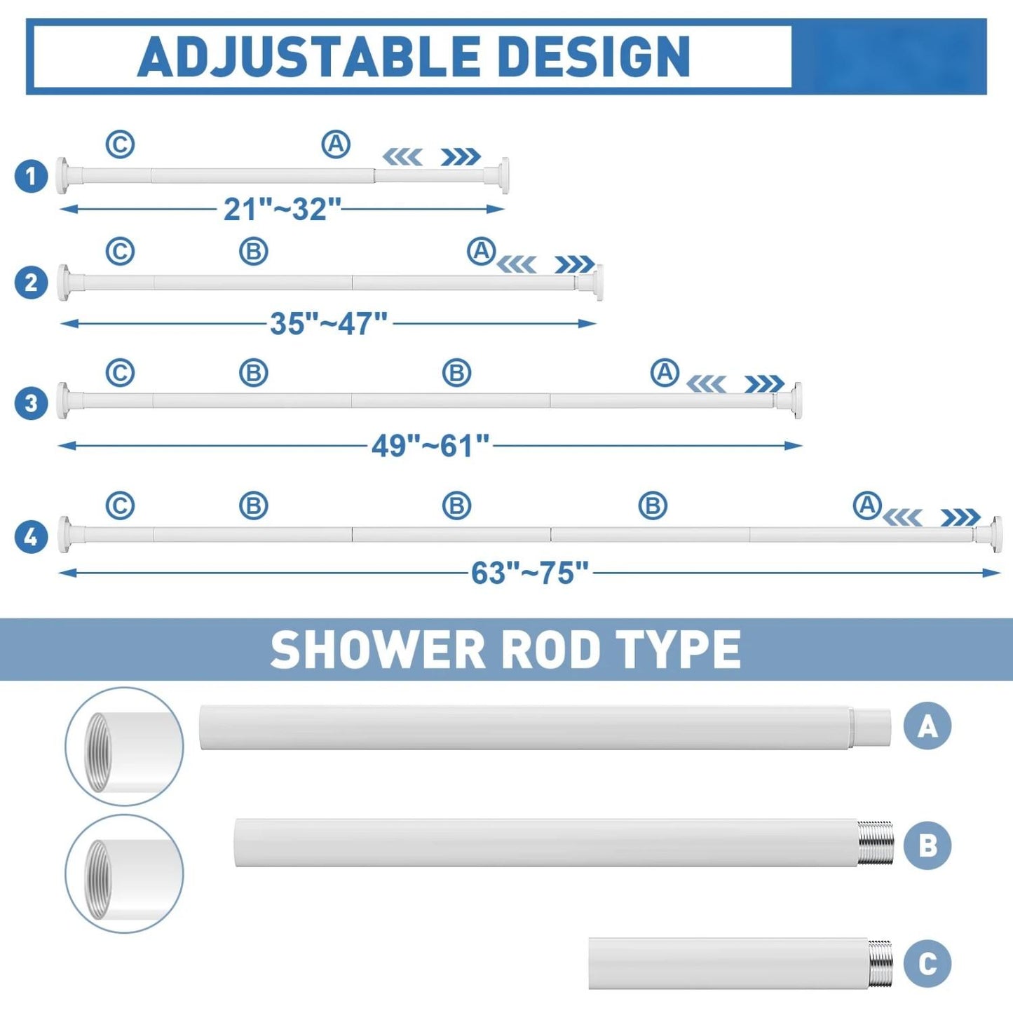 LunaLulinlk Shower Curtain Rod, Adjustable 32-75 Inch Spring Tension Shower Rods for Bathroom or Window