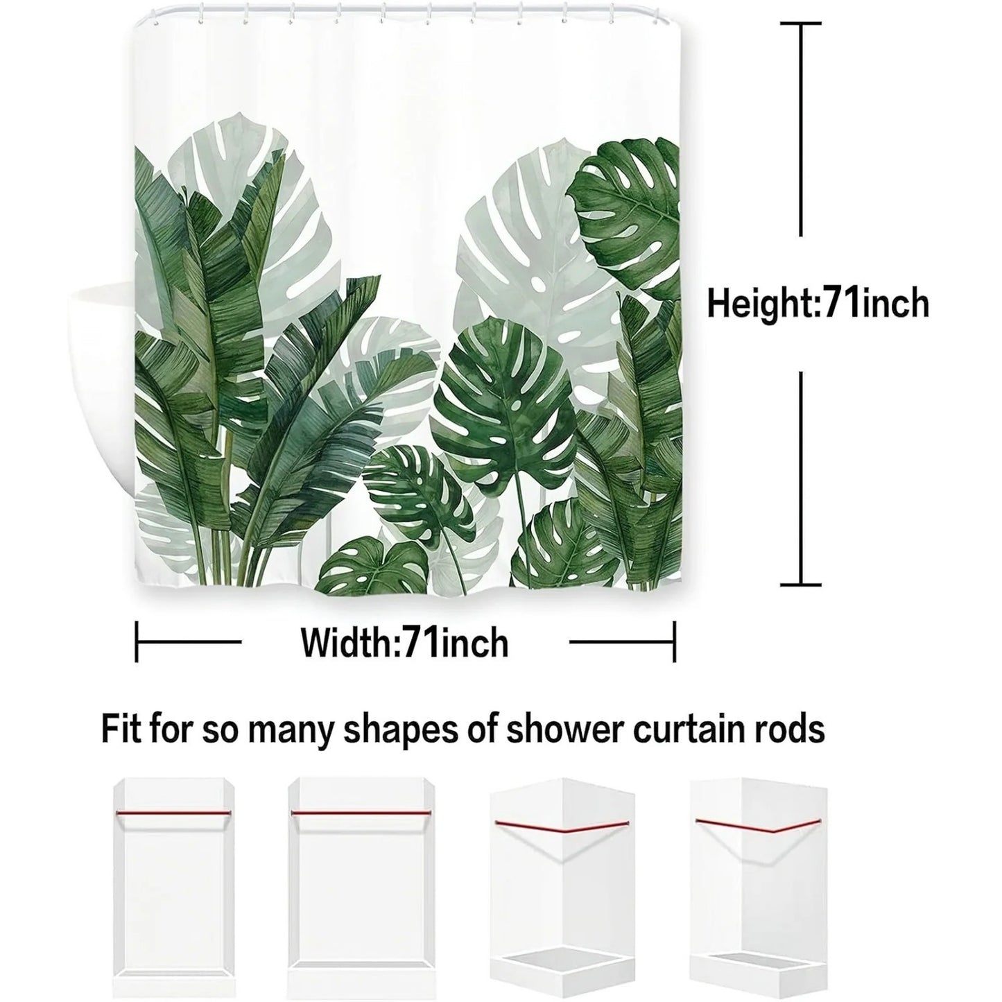 LunaLulinlk Tropical Green Plant Fabric Shower Curtain, Waterproof Washable Bathroom Decor, 72" x 72"