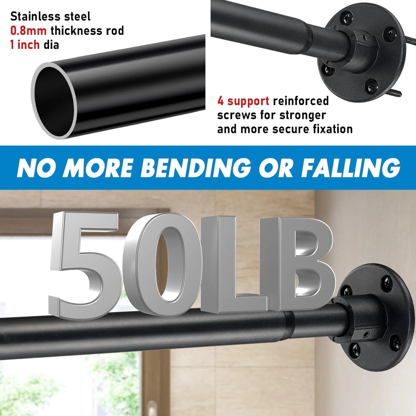 LunaLulinlk Shower Curtain Rod, Adjustable Shower Curtain Rods 29-78'', Heavy Duty Black Shower Rods for Bathroom, Closet, Windows