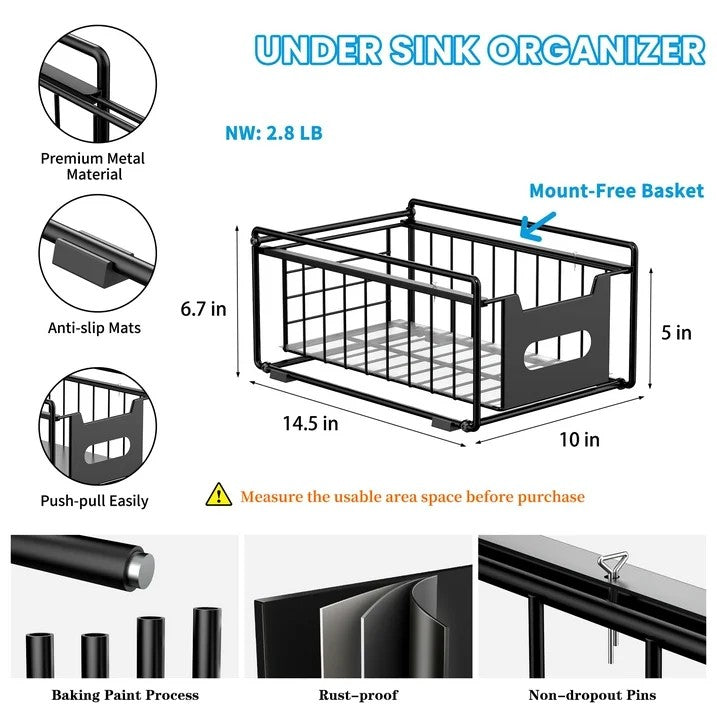 LunaLulinlk Simple Pull Out Cabinet Sliding Basket, 1-Tier Under Sink Organizer and Storage for Kitchen, Pantry, Bathroom, Black