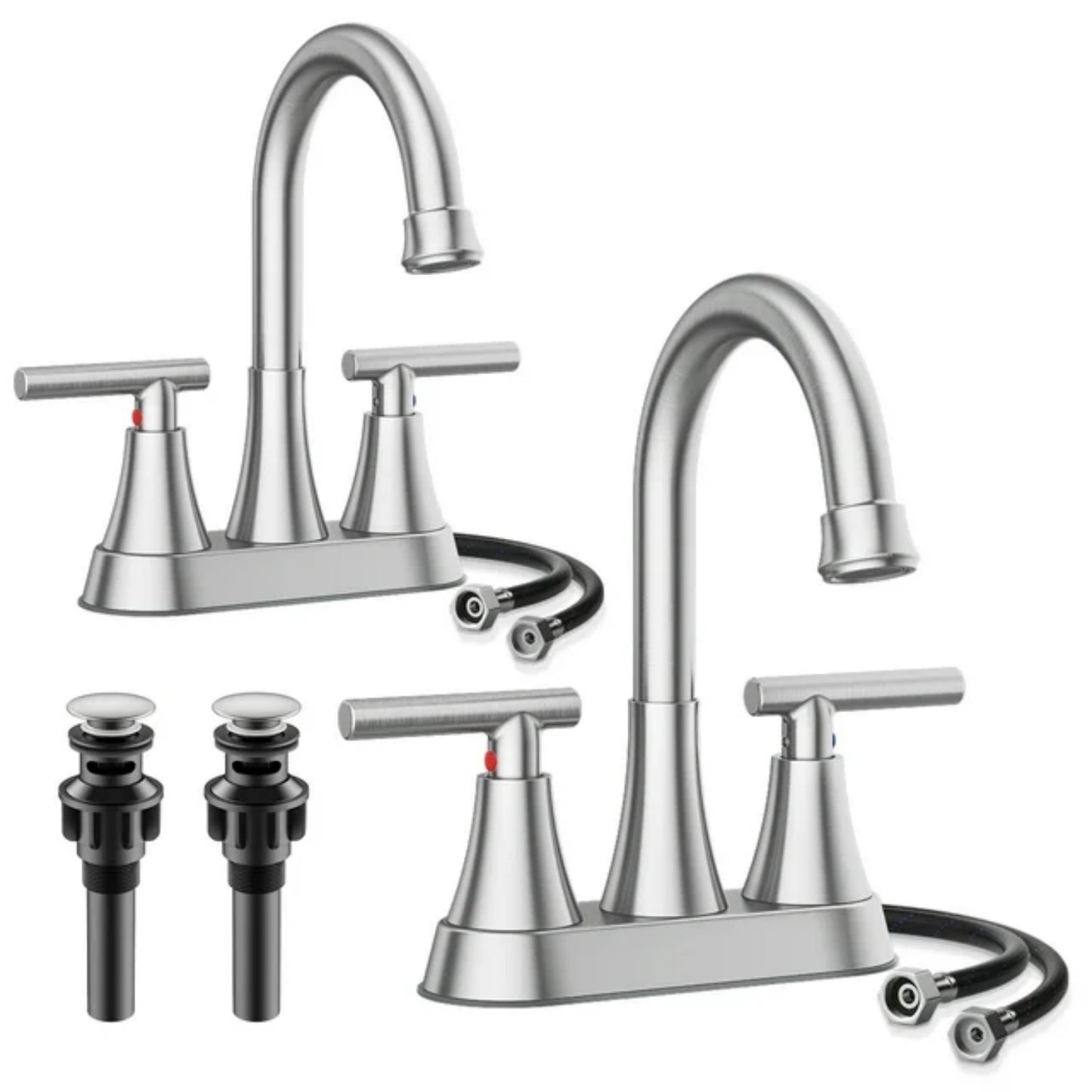 LunaLulinlk Silver 4" stainless steel bathroom sink faucet with pop-up drain and 2 water supply hoses