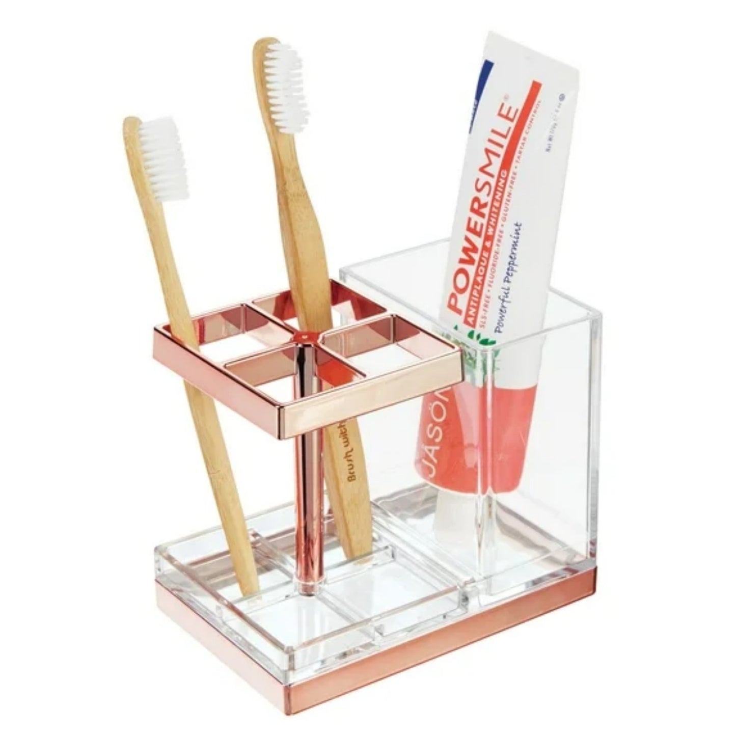 LunaLulinlk Toothbrush, Toothpaste Storage Organizer Holder -Clear/Rose Gold Plastic