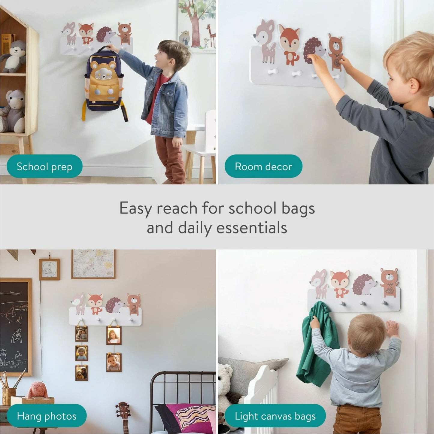 LunaLulinlk Wall Mounted Coat Rack - Robust Wooden Bag Rack with 4 Hooks - Decorative Wood Racks Ideal for Kids Bedroom Animals Design