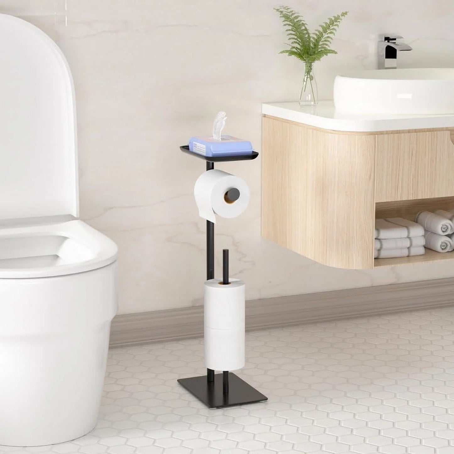 LunaLulinlk Toilet Paper Holder Stand with Top Storage Shelf, Black Toilet Paper Roll Holder Free Standing