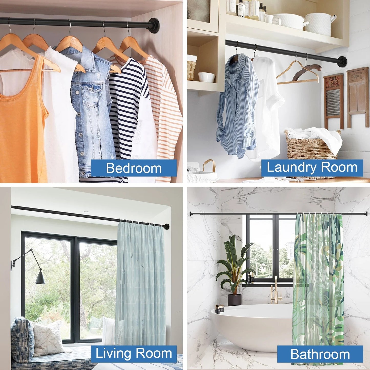 LunaLulinlk Shower Curtain Rod, Adjustable 32-47 inch Spring Tension Curtain Rods for Bathroom, No Drilling Rustproof Non-Slip Stainless Steel Rod, Black