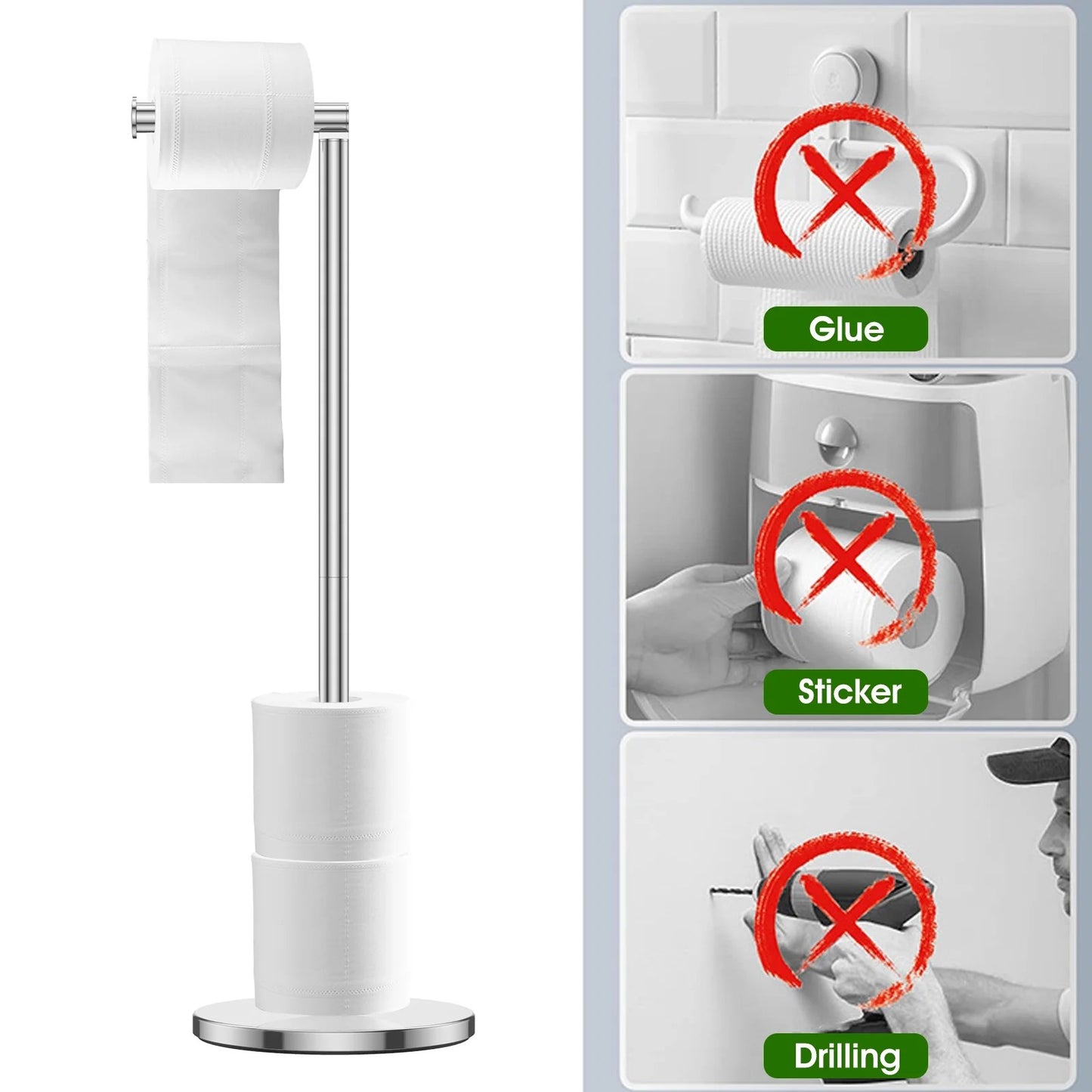 LunaLulinlk Toilet Paper Holder Freestanding Stainless Steel Foldable,Dispenser for Store Spare Toilet Paper for Bathroom, Washroom,Silver