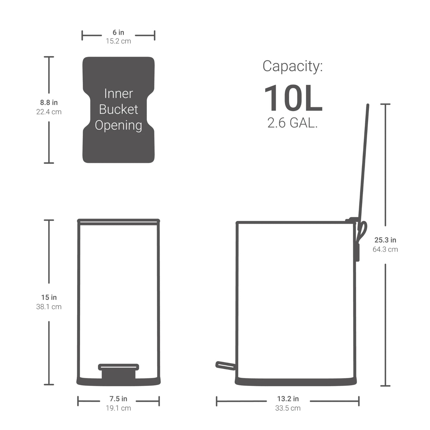 LunaLulinlk White Stainless Steel 2.6 Gallon Trash Can, Step-Up Bathroom Trash Can