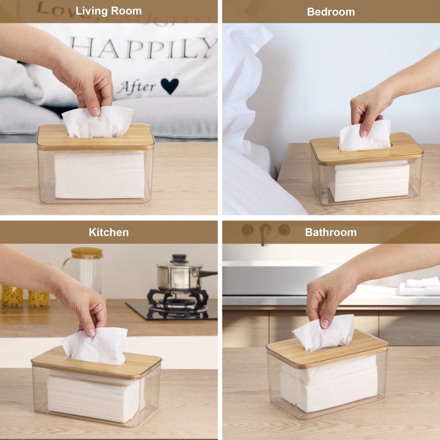 LunaLulinlk Tissue Box Cover Rectangle, Plastic Tissue Box Holder with Bamboo Lid Top, Clear, 2 Count