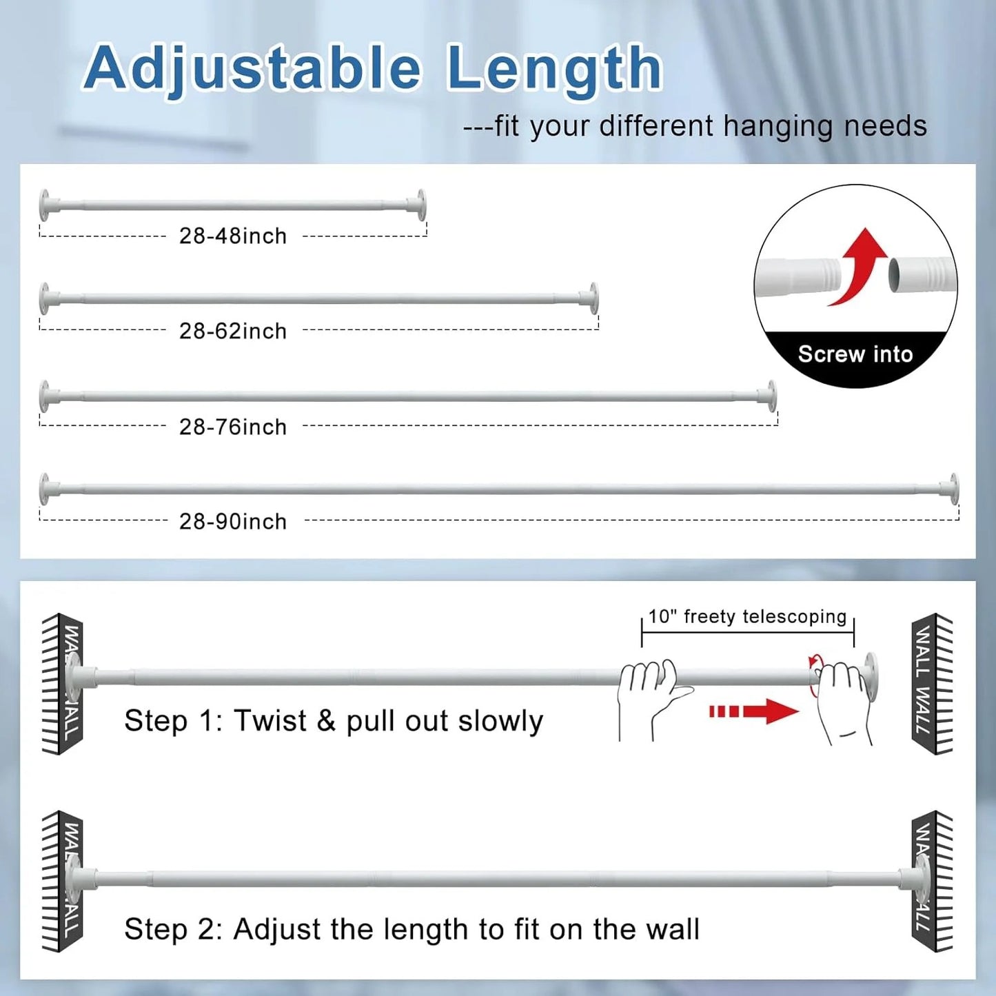 LunaLulinlk Shower Curtain Rod, Adjustable Shower Curtain Rods 29-94 Inches, Heavy Duty White Shower Rods for Bathroom