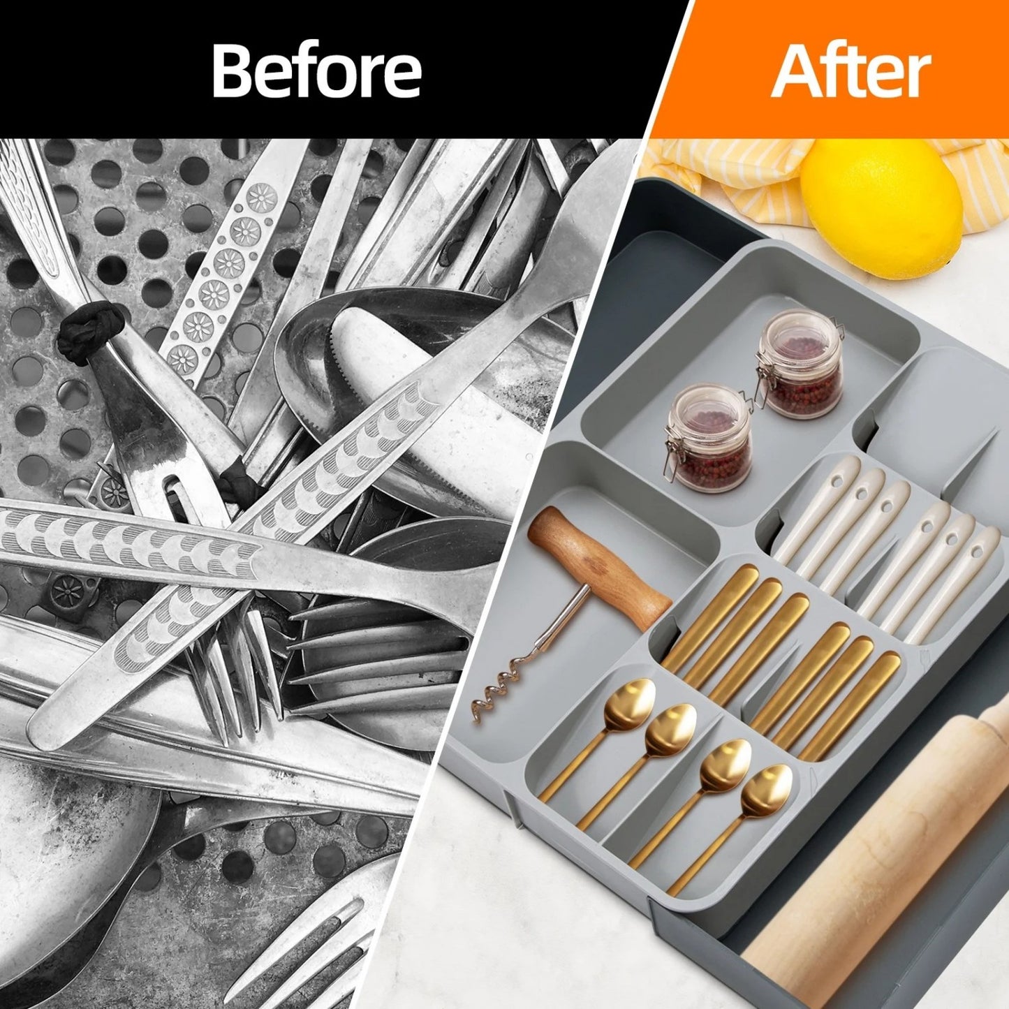 LunaLulinlk Silverware Drawer Organizer, Expandable Utensil Organizer for Kitchen Drawers, Adjustable Cutlery, Compact Drawer Divider