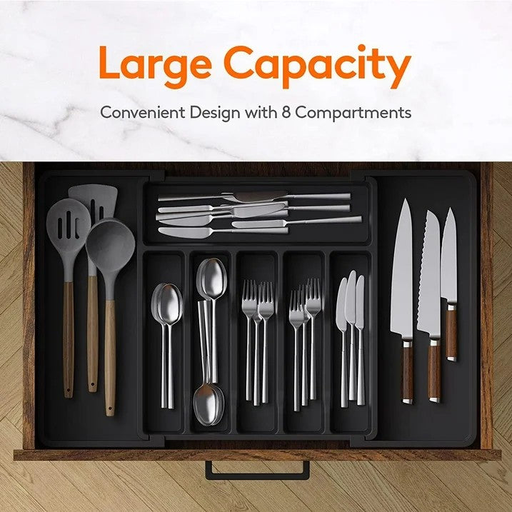 LunaLulinlk Silverware Drawer Organizer Expandable Utensil Tray Adjustable Flatware, Plastic, Black