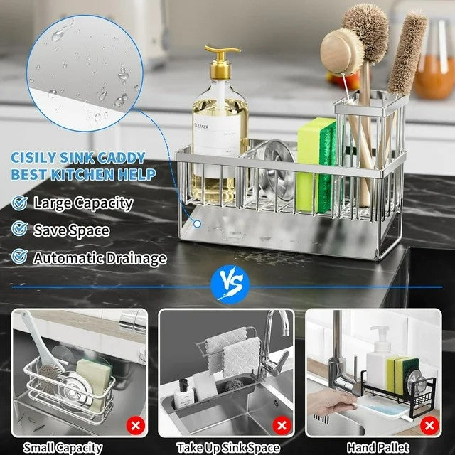LunaLulinlk Stainless Steel Sink Caddy Kitchen Organizer, Waterproof and Rustproof, Silver, 1 Count