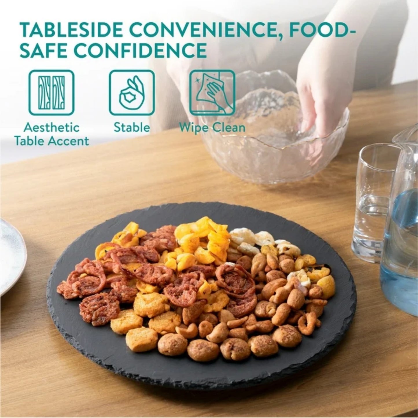 LunaLulinlk Slate Lazy Susan Serving Platter - 13" (33cm) Rotating Turntable Tray Board - Rotating Server