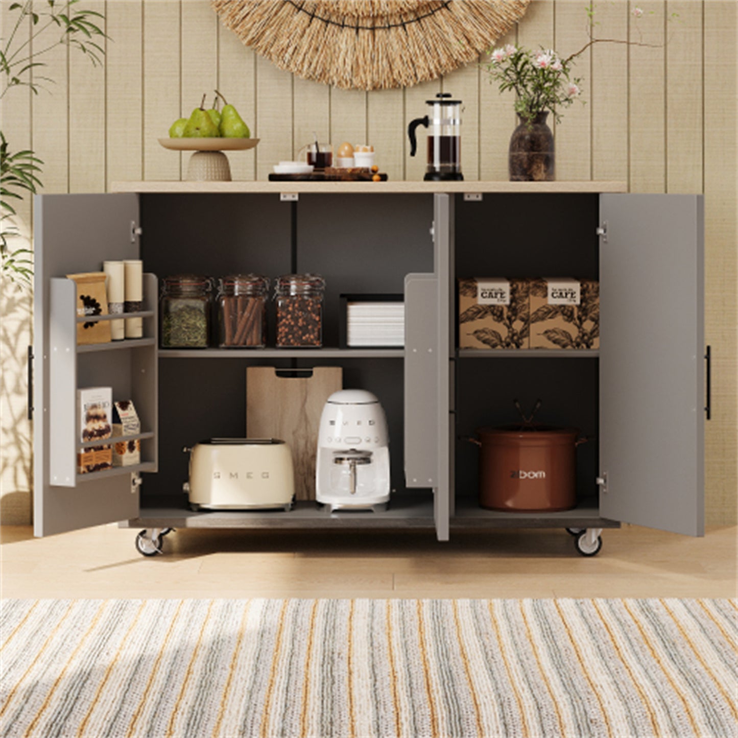 "LunaLulinlk 51.2""W Geometric Twill Stripe Textured Design Kitchen Island with Drop Leaf, Farmhouse Kitchen Island, Brown "