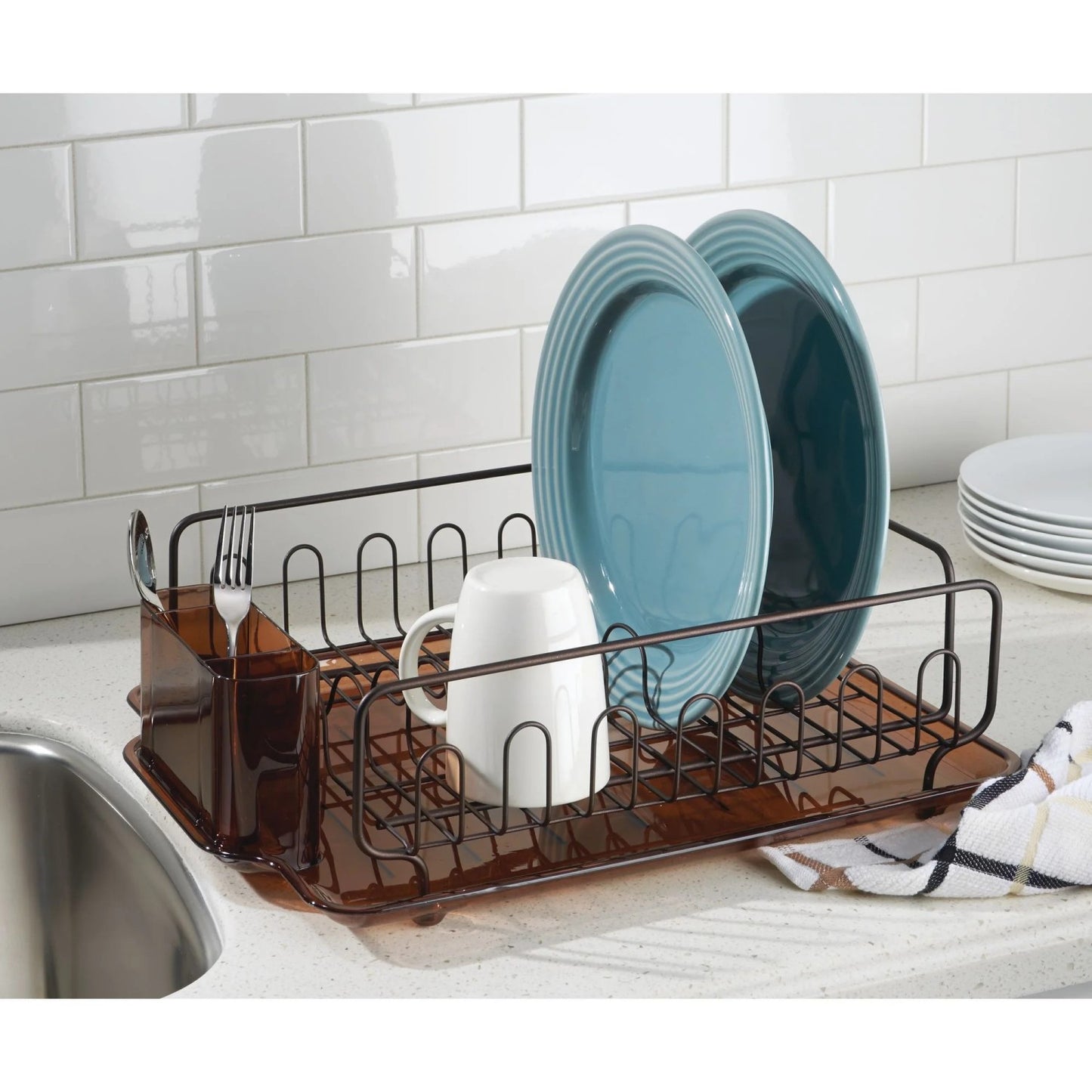 LunaLulinlk Stainless Steel Metal Sink Dish Drainer Rack with Plastic Tray Kitchen Drying Rack, Amber/Bronze