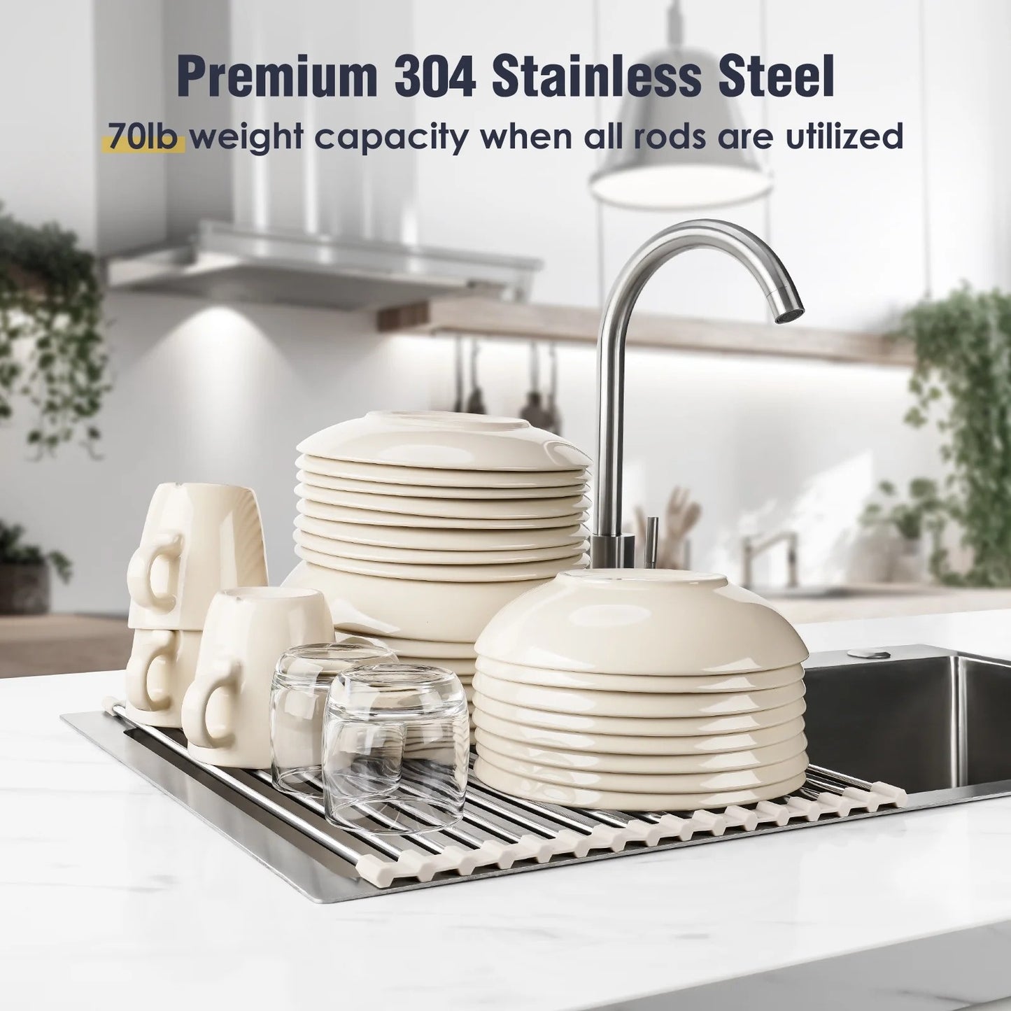 LunaLulinlk Stainless Steel Roll-Up Dish Drying Rack Marble Color Silicone Edges, Foldable Kitchen Rack Heat Resistant Trivet (17.7"x12.5"),White