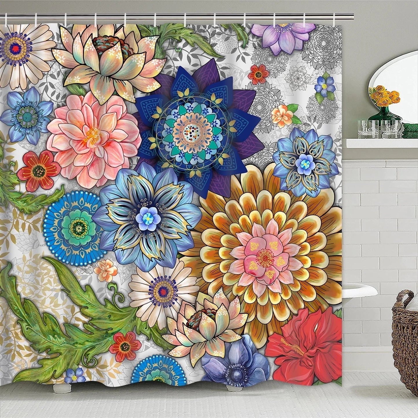 LunaLulinlk Shower Curtain, Boho Floral Waterproof Fabric Bathroom Curtain