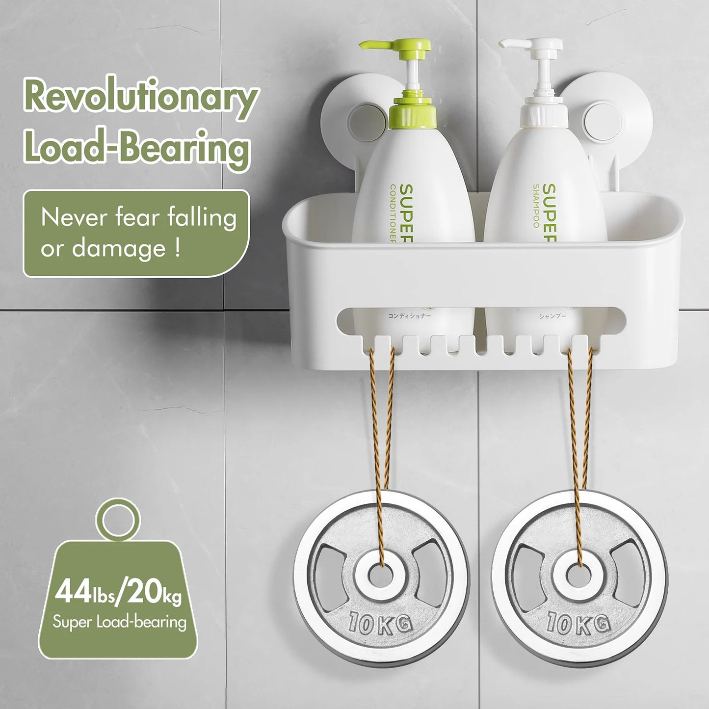 LunaLulinlk Strong Heavy Duty Shower Suction Cup Holder Storage Basket - No Drilling Required with Hook, White