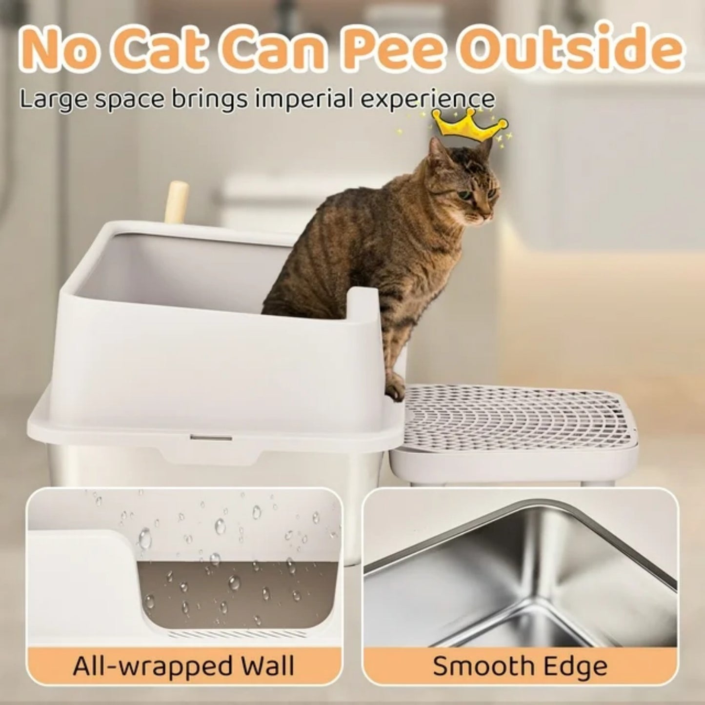 LunaLulinlk white Stainless steel cat litter box with lid, cat litter box with pedal filter and scoop