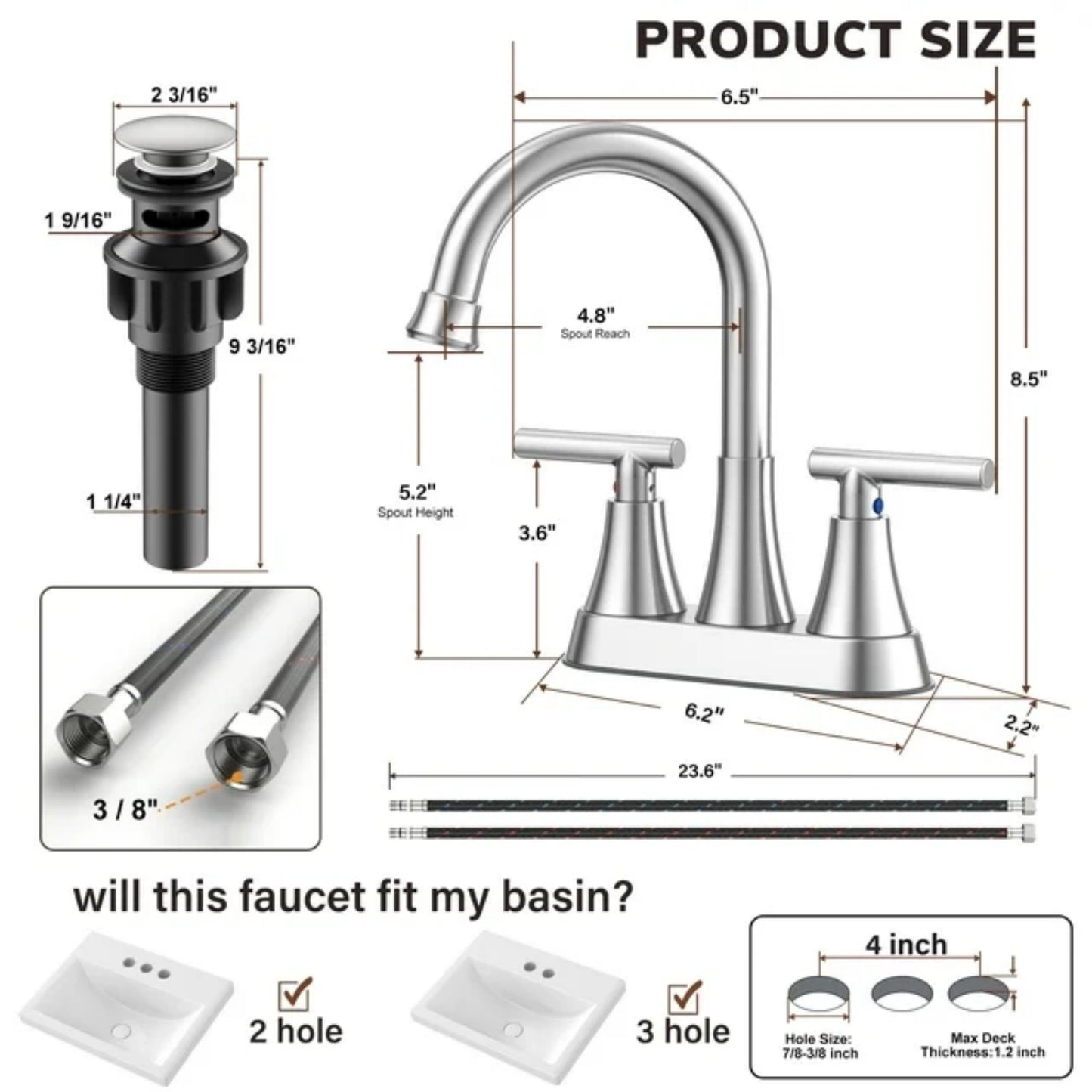 LunaLulinlk Silver 4" stainless steel bathroom sink faucet with pop-up drain and 2 water supply hoses