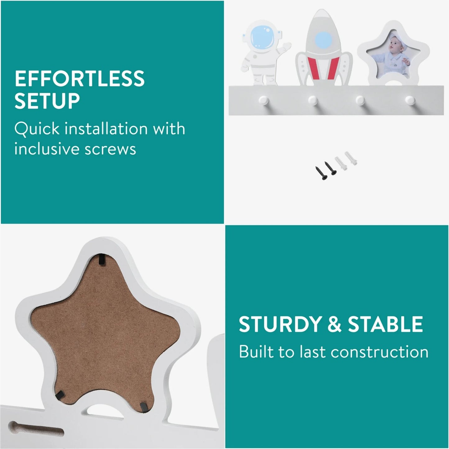 LunaLulinlk Wall Mounted Coat Rack - Robust Wooden Bag Hooks with Photo Frame - Decorative Wood Racks Ideal Space Design