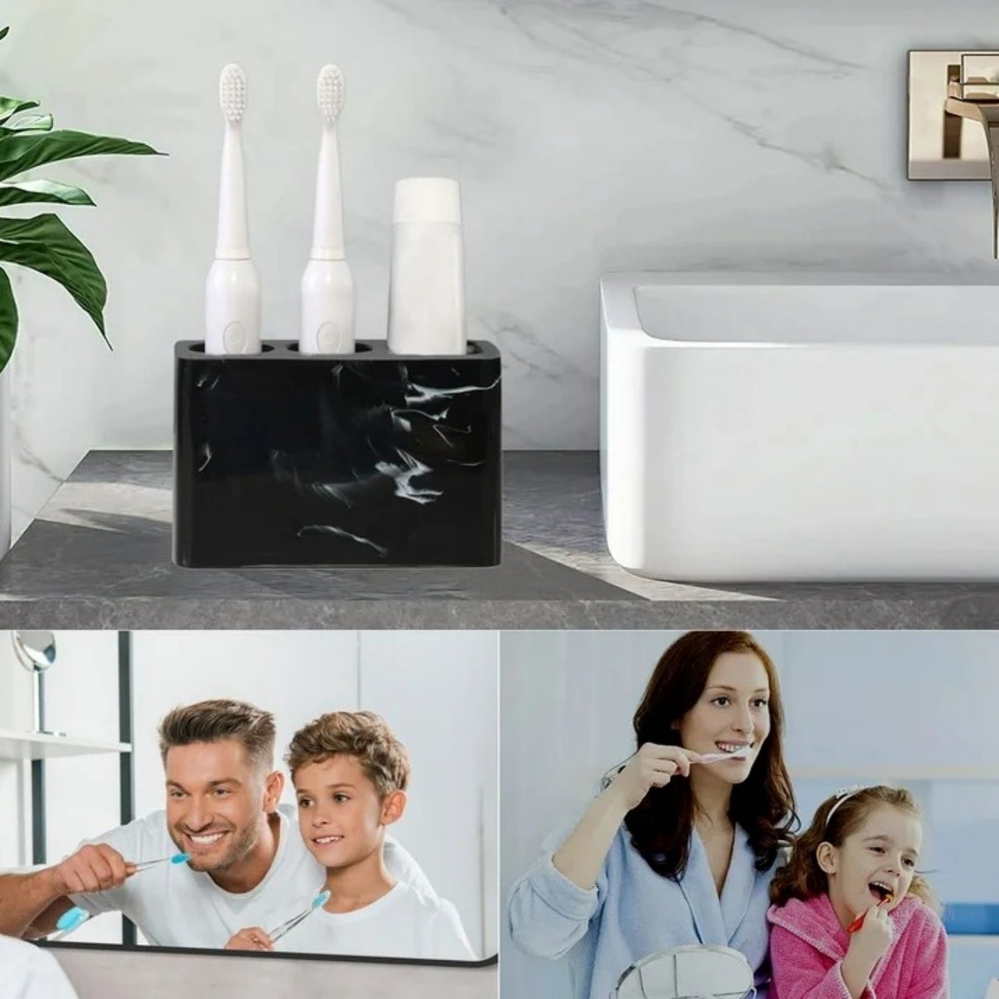 LunaLulinlk Toothbrush Holder, 3 Slots Electric Toothbrush and Toothpaste Holder, Resin Bathroom Countertop Storage Bathroom Black