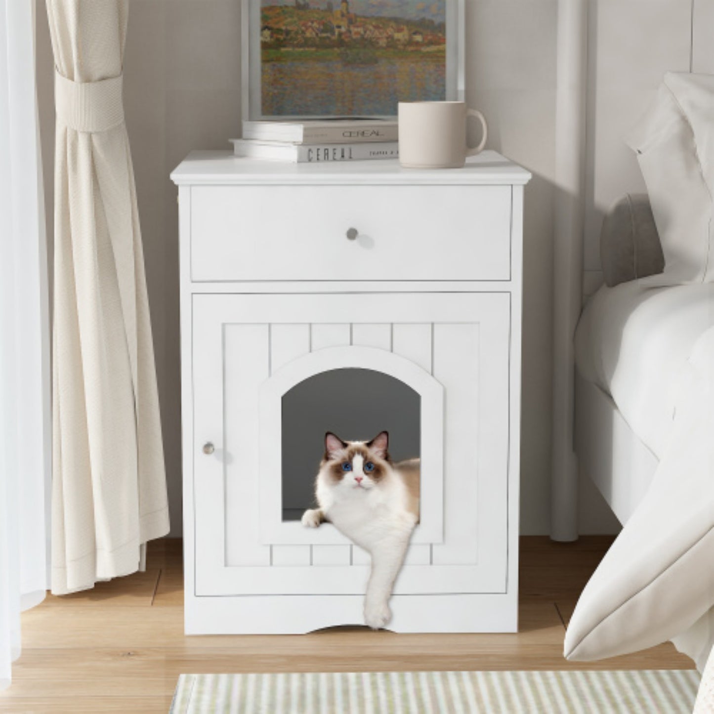 LunaLulinlk Wooden pet house cat litter box fence with drawer and side table