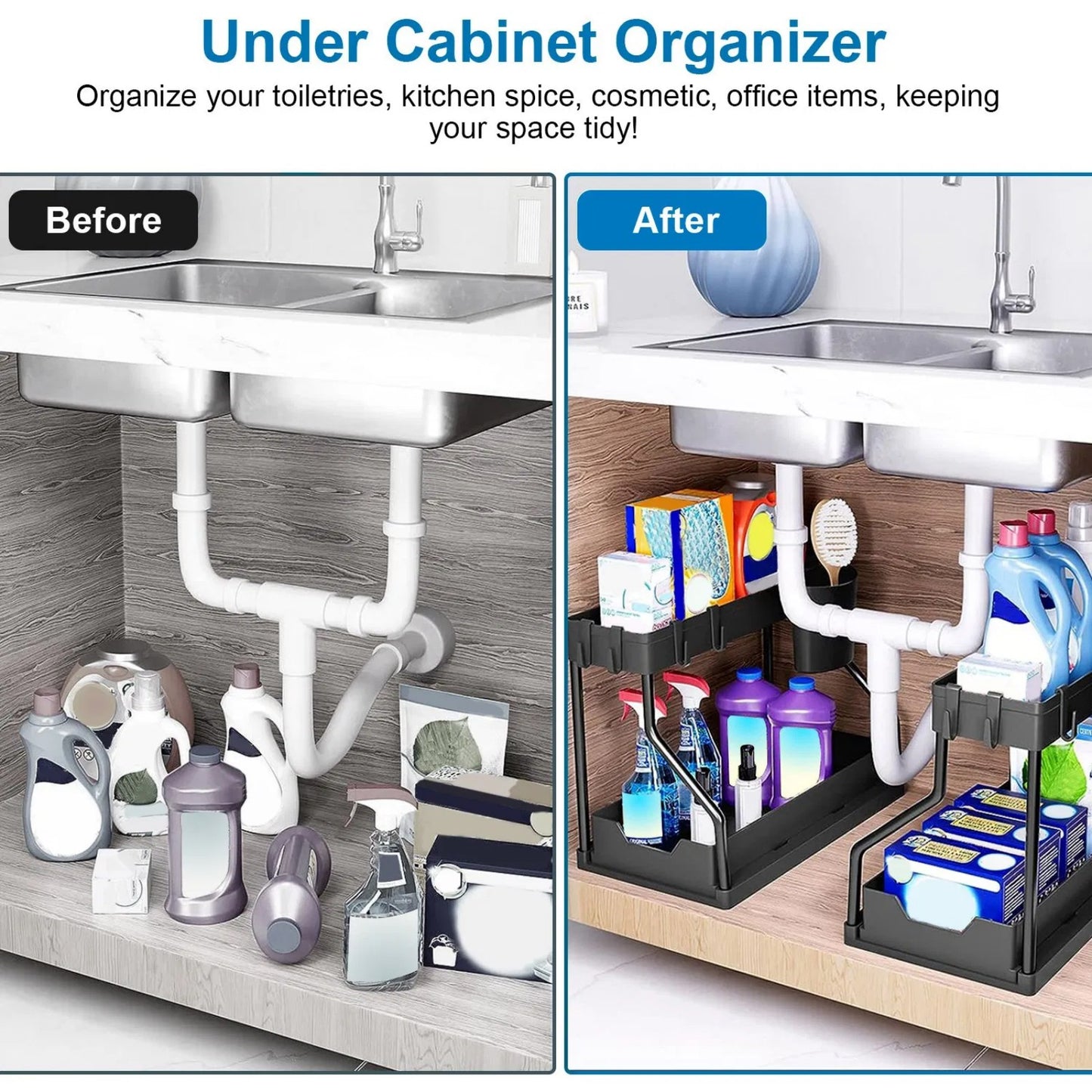 LunaLulinlk Under Sink Organizer, L-Shaped Sliding Cabinet Organizer