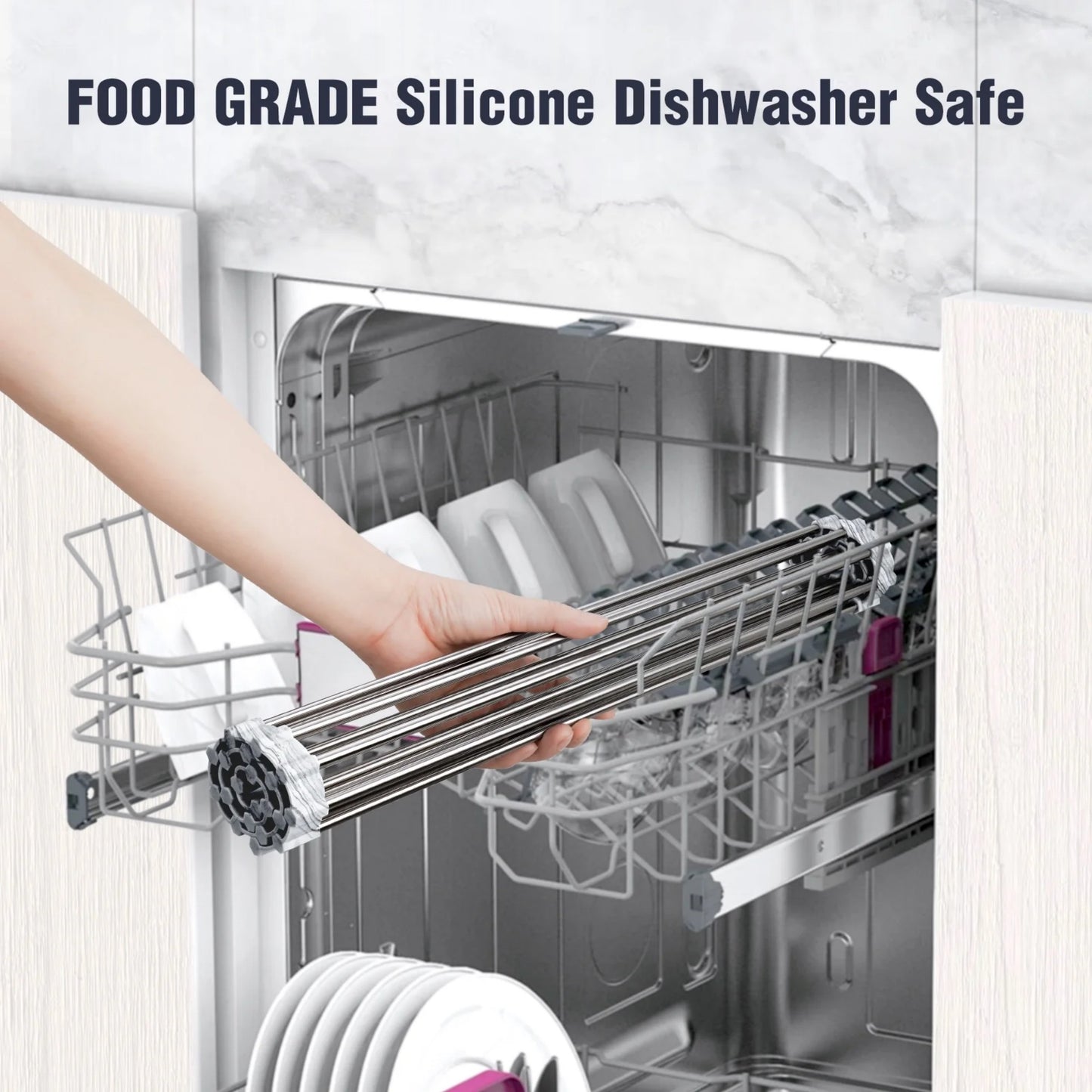 LunaLulinlk Stainless Steel Roll-Up Dish Drying Rack Marble Color Silicone Edges, Foldable Kitchen Rack Heat Resistant Trivet (17.7"x12.5"),Marble