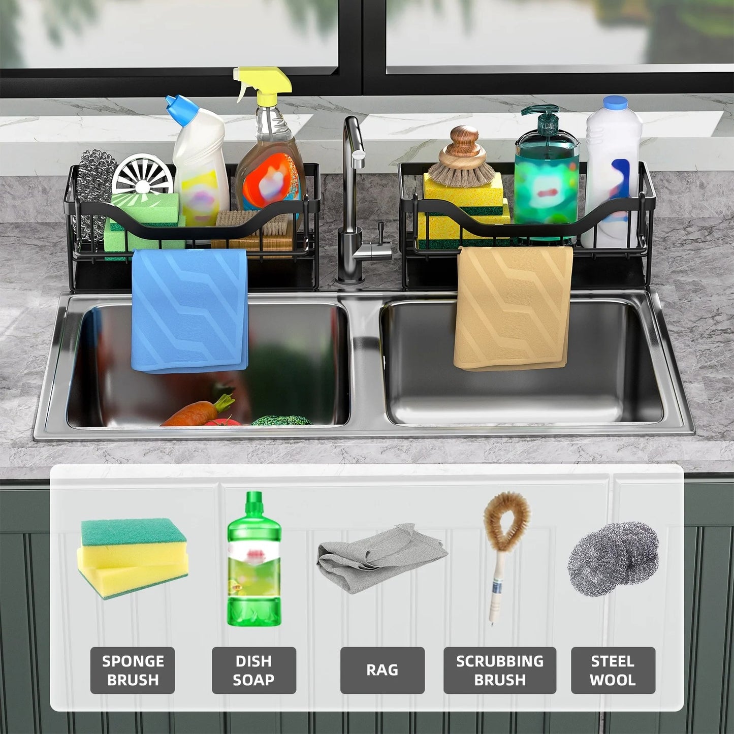 LunaLulinlk Space-Saving Kitchen Sink Rack - Wall-Mounted Dish Cloth & Sponge Holder (Black)